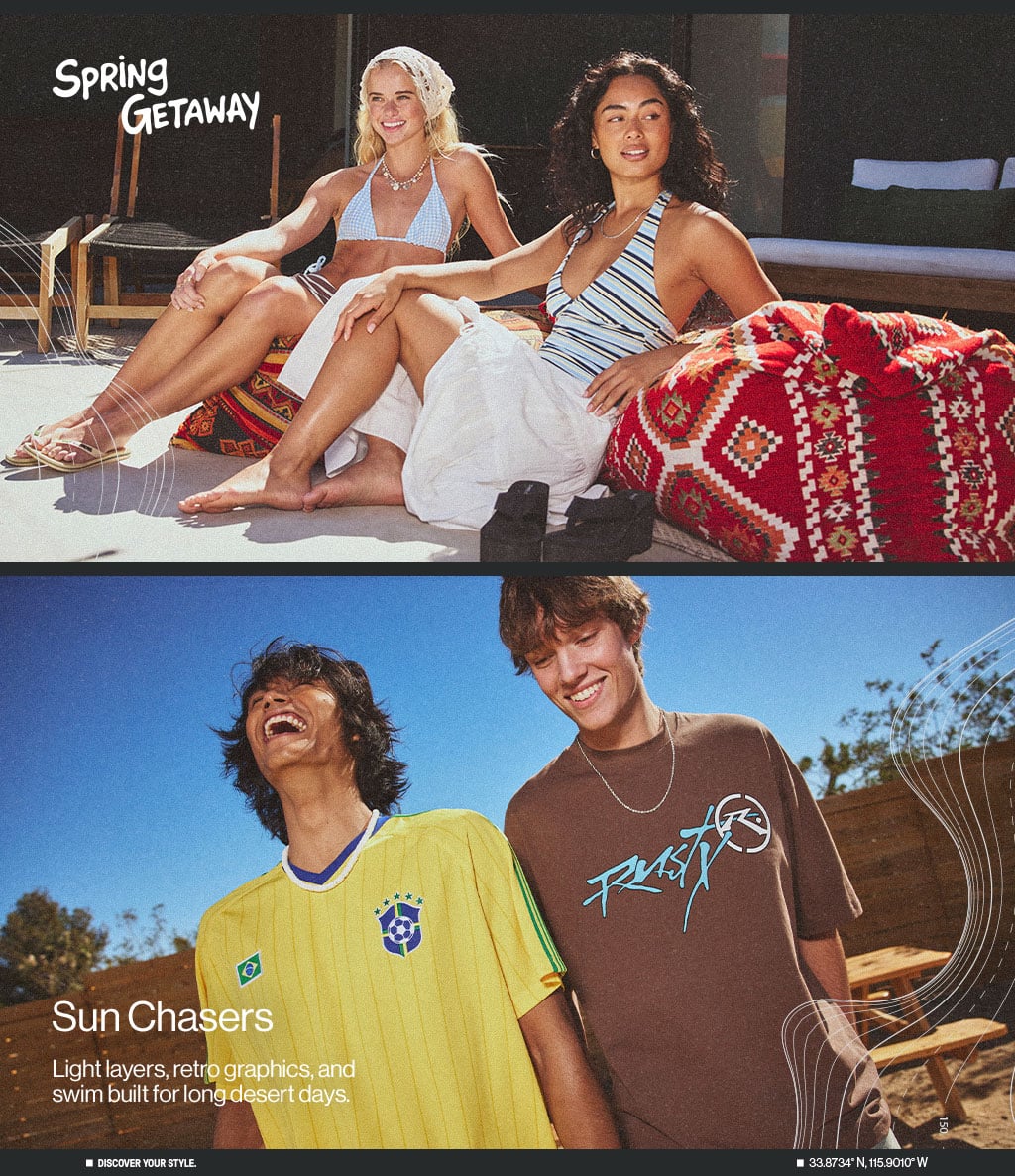 Spring Getaway Sun Chasers Light layers, retro graphics, and swim built for long desert days.