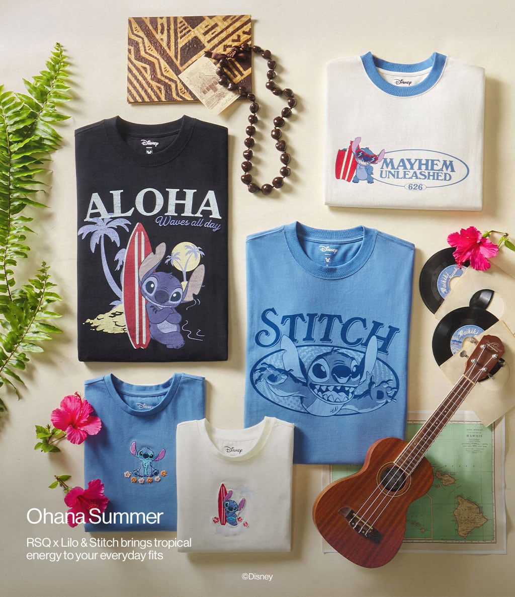RSQ Disney Stitch New Arrivals Ohana Summer RSQ x Lilo & Stitch brings tropical energy to your everyday fits