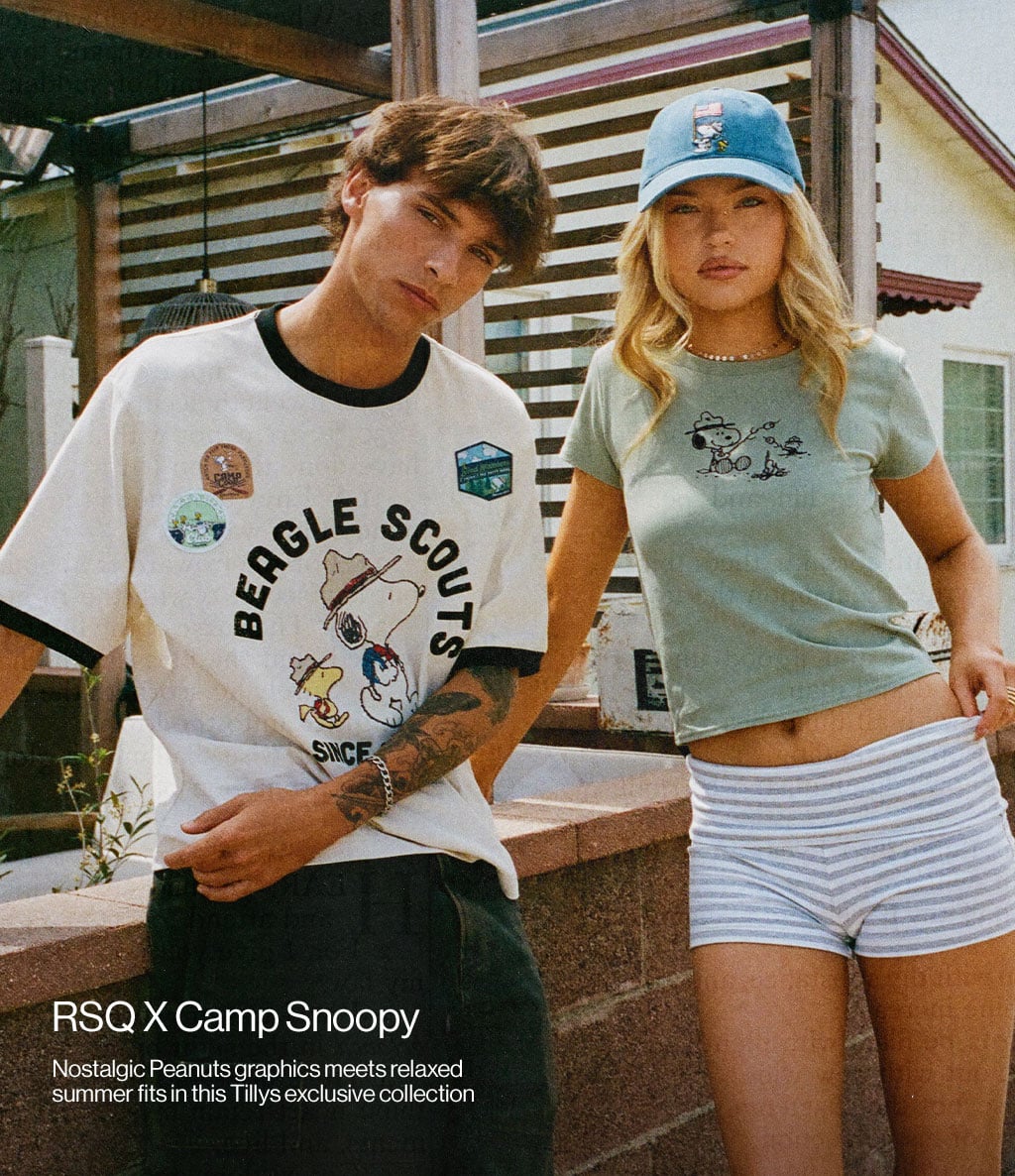 RSQ x Camp Snoopy Nostalgic Peanuts graphics meets relaxed summer fits in this Tillys exclusive collection