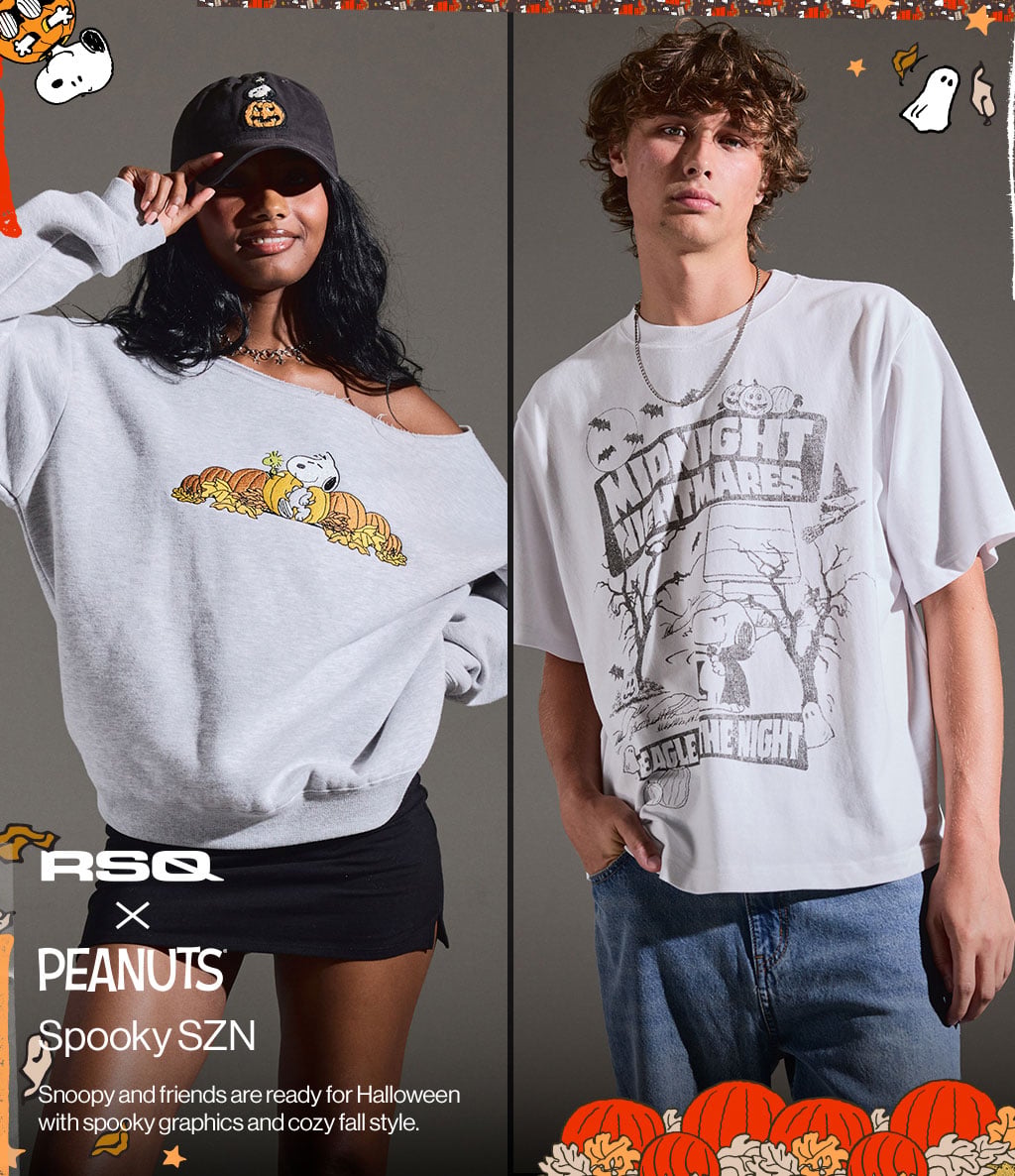 RSQ x Peanuts Spooky SZN Snoopy and friends are ready for Halloween with spooky graphics and cozy fall style.