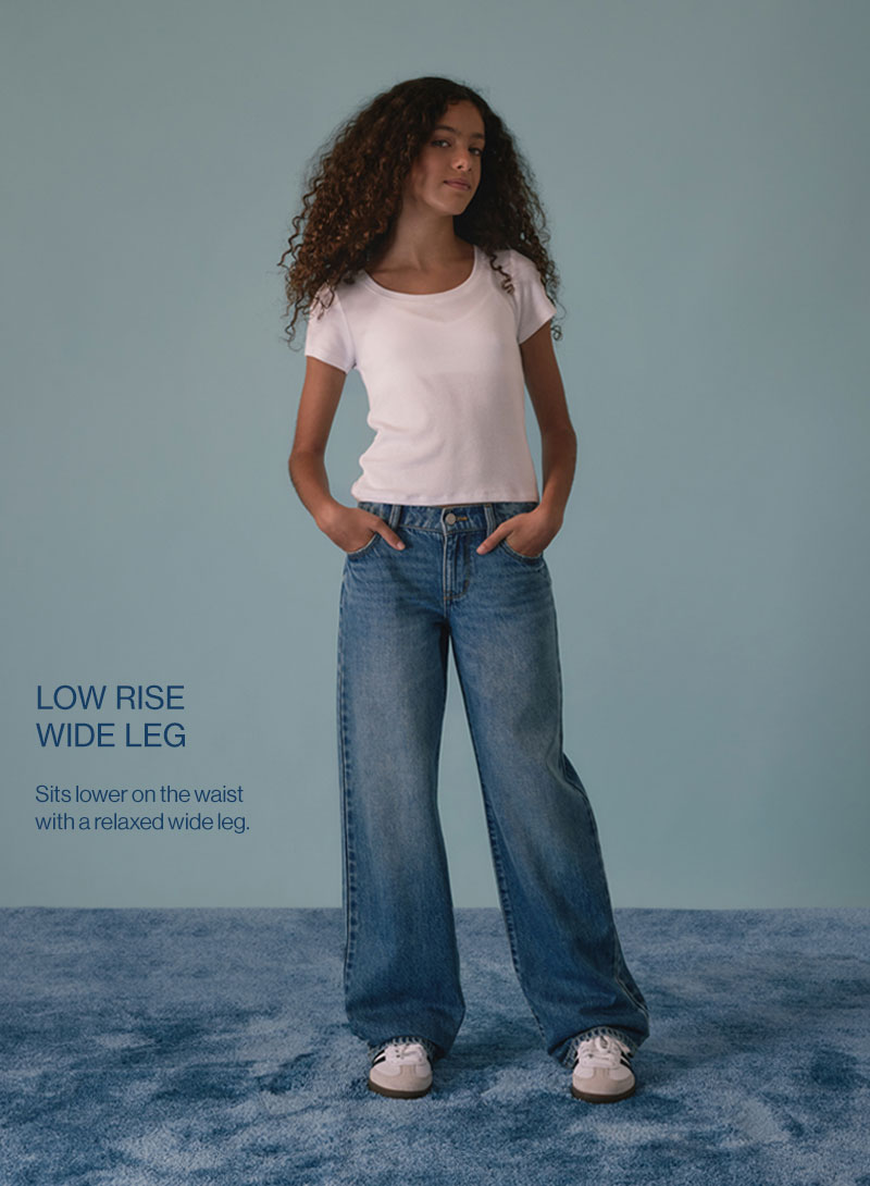 Low Rise Wide Leg - Sits lower on the waist with a relaxed wide leg.