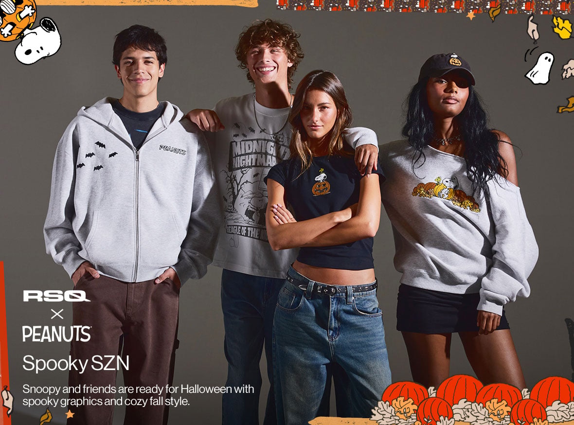 RSQ x Peanuts Spooky SZN Snoopy and friends are ready for Halloween with spooky graphics and cozy fall style.