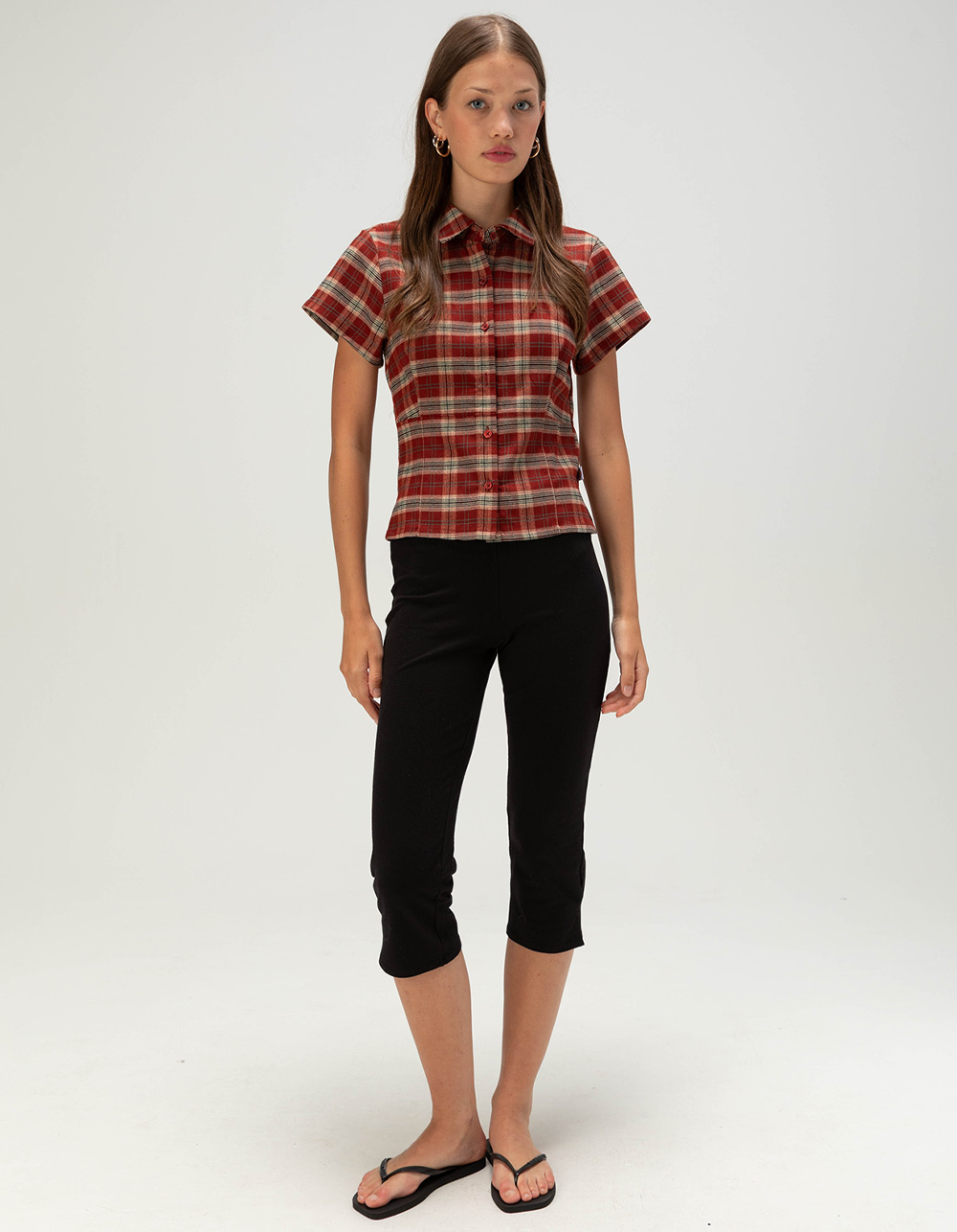 DICKIES Plaid Womens Button Up Shirt - RED COMBO