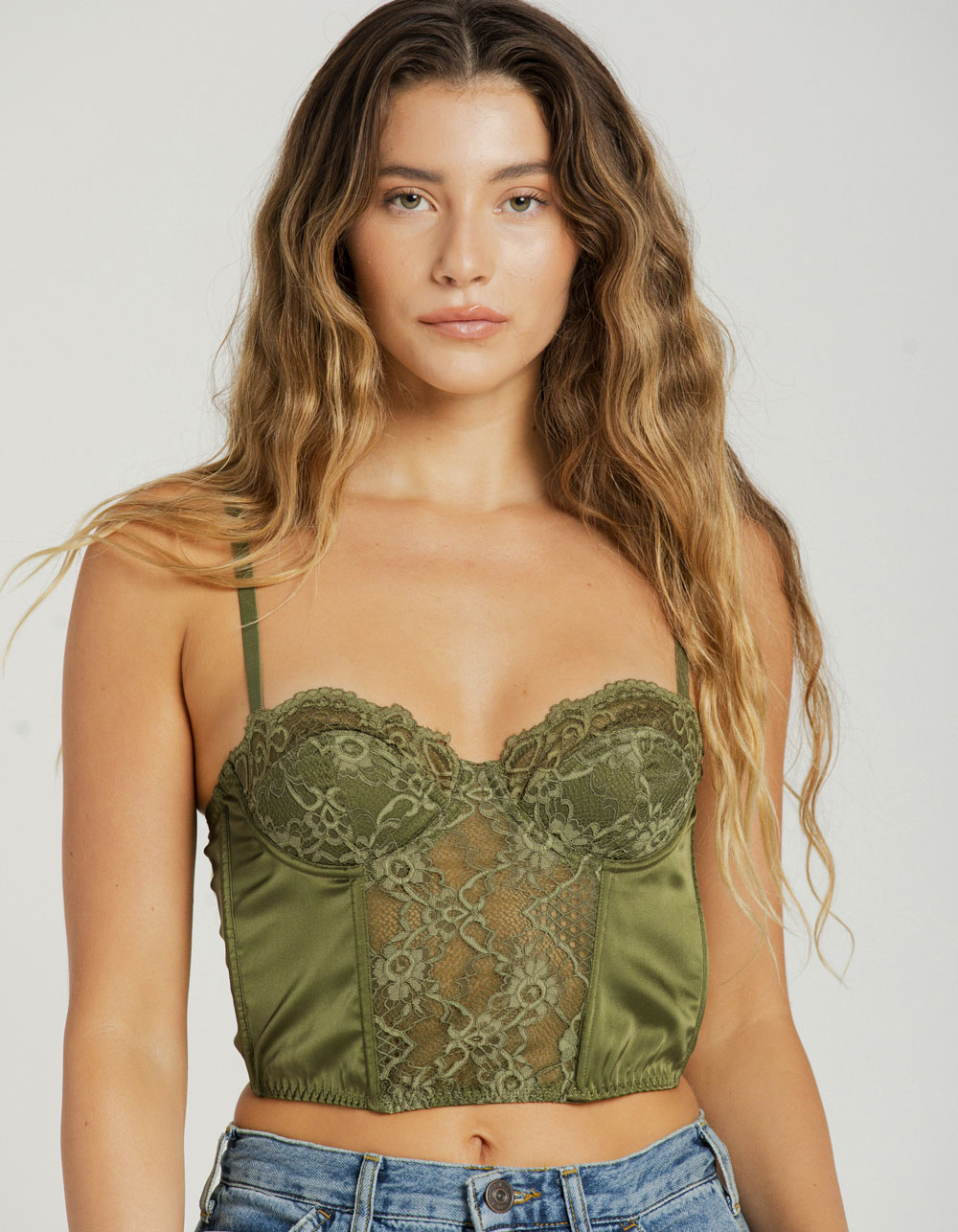 BDG Urban Outfitters Ava Satin Lace & Corset Womens Top - GREEN