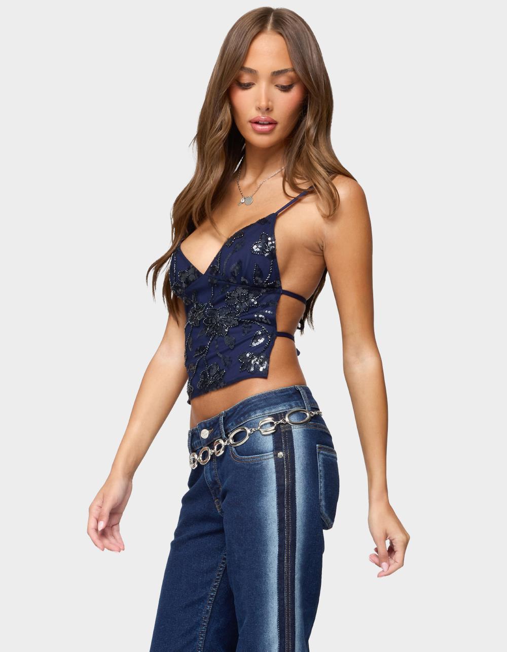EDIKTED Pia Sequin Floral Backless Top - NAVY
