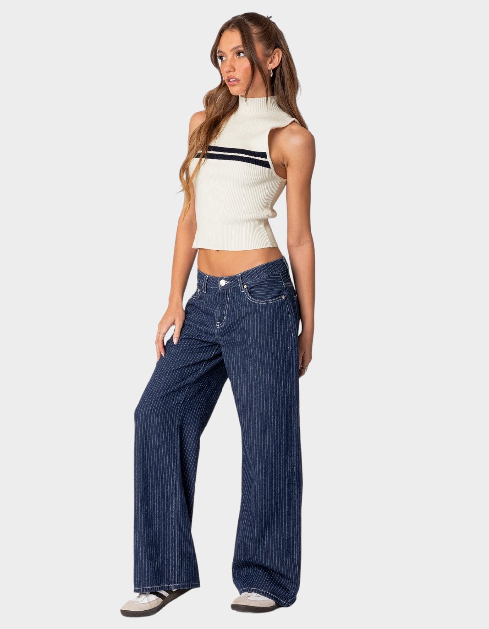 EDIKTED Pinstripe Low Rise Jeans - NAVY