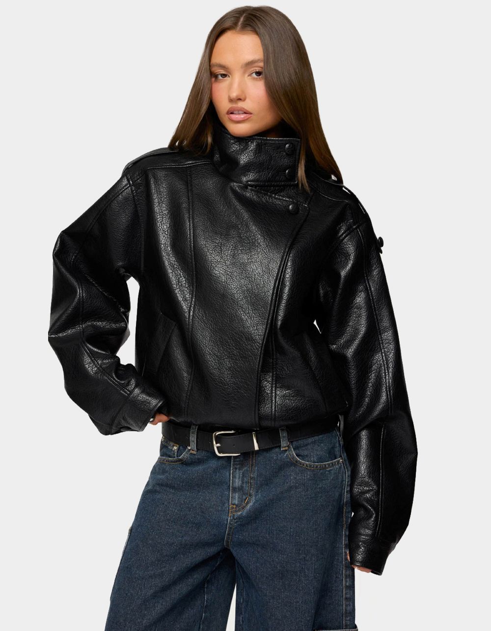 EDIKTED Jaicee High Neck Oversized Faux Leather Jacket - BLACK