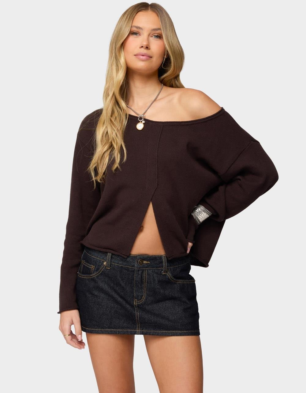 EDIKTED Moyra Off Shoulder Knit Top - BROWN