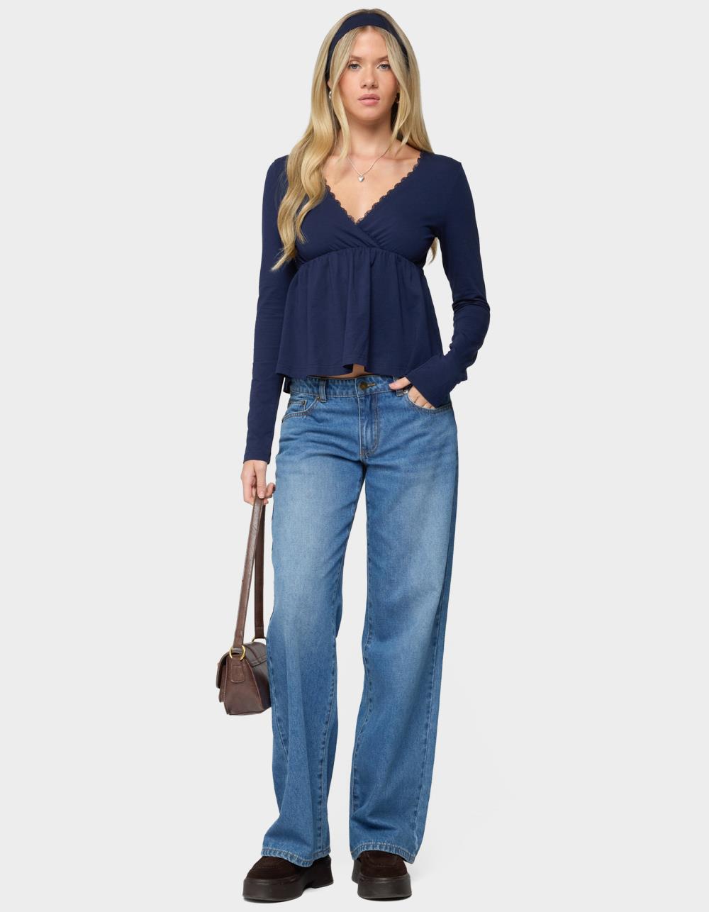 EDIKTED Kenzie Long Sleeve Babydoll Top - NAVY