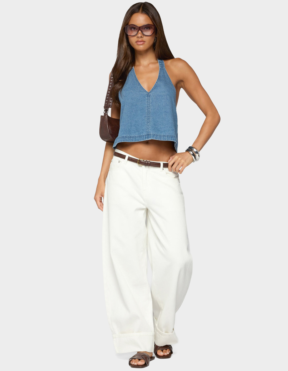 EDIKTED Teddie Backless Denim Halter Top - LIGHT BLUE
