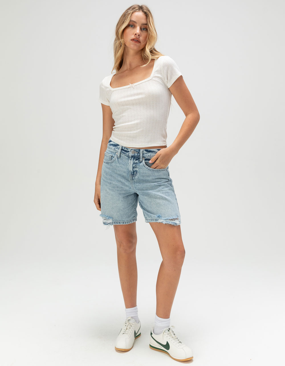 RSQ Womens Square Neck Pointelle Top