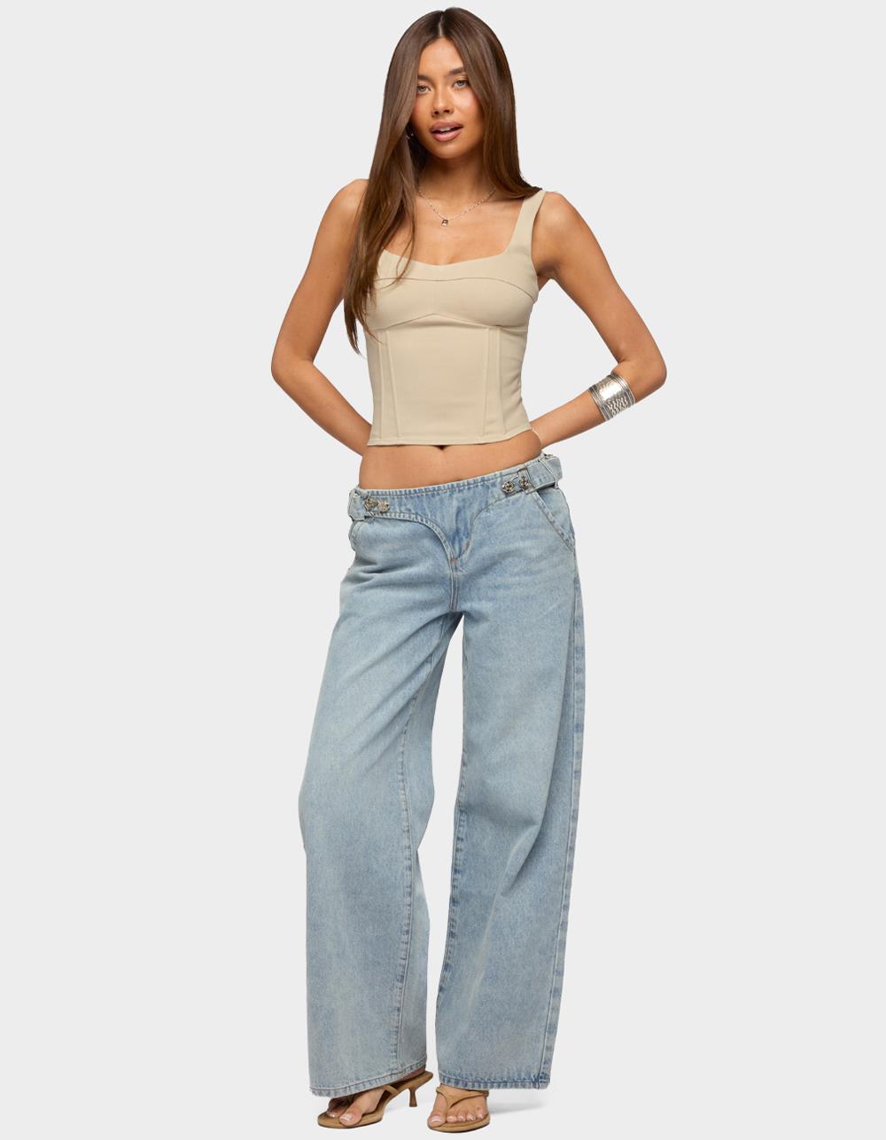 EDIKTED Buckled Low Rise Baggy Jeans - LIGHT BLUE