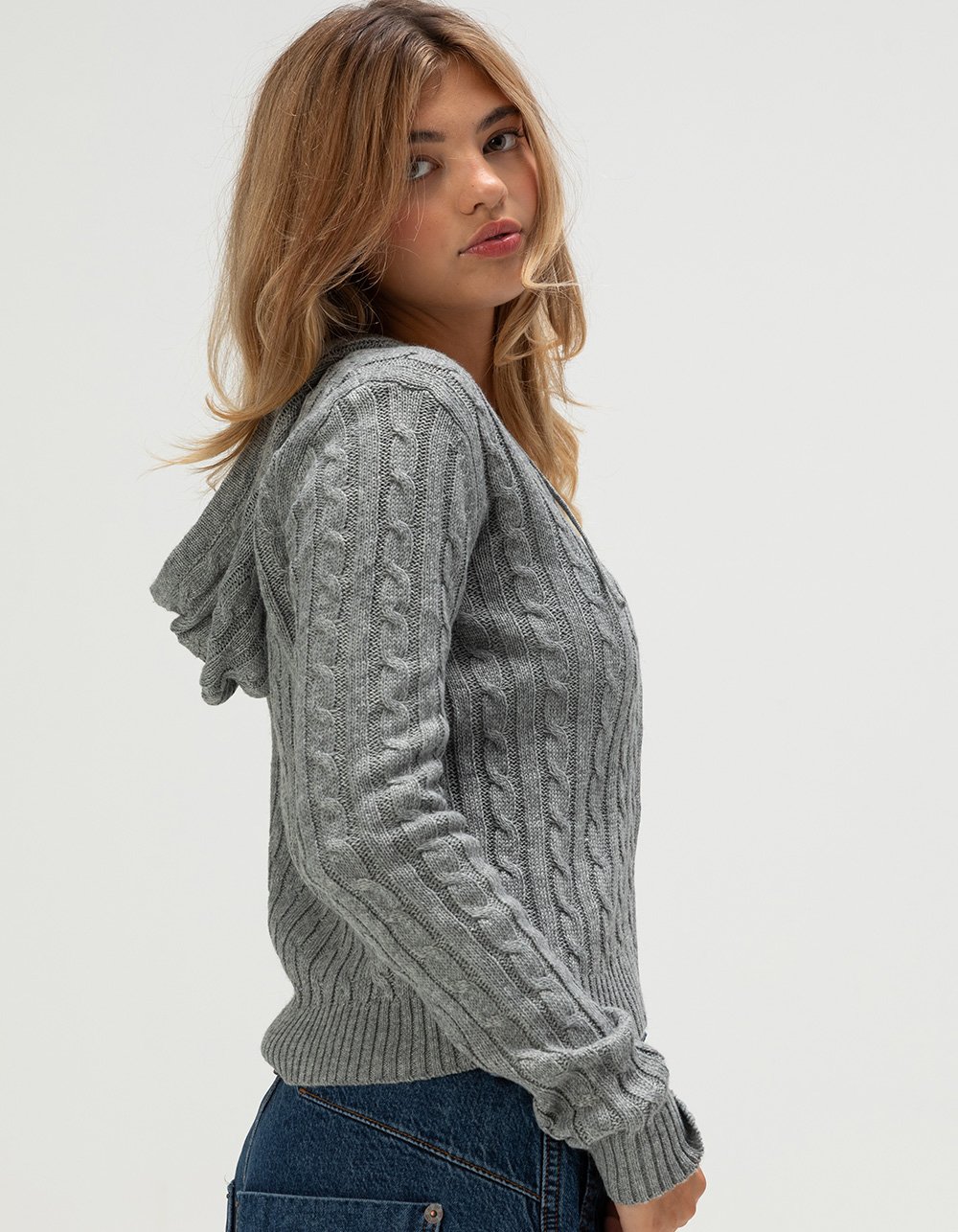 LOVE TREE Womens Zip-Up Hooded Cable Knit Sweater - HEATHER GRAY