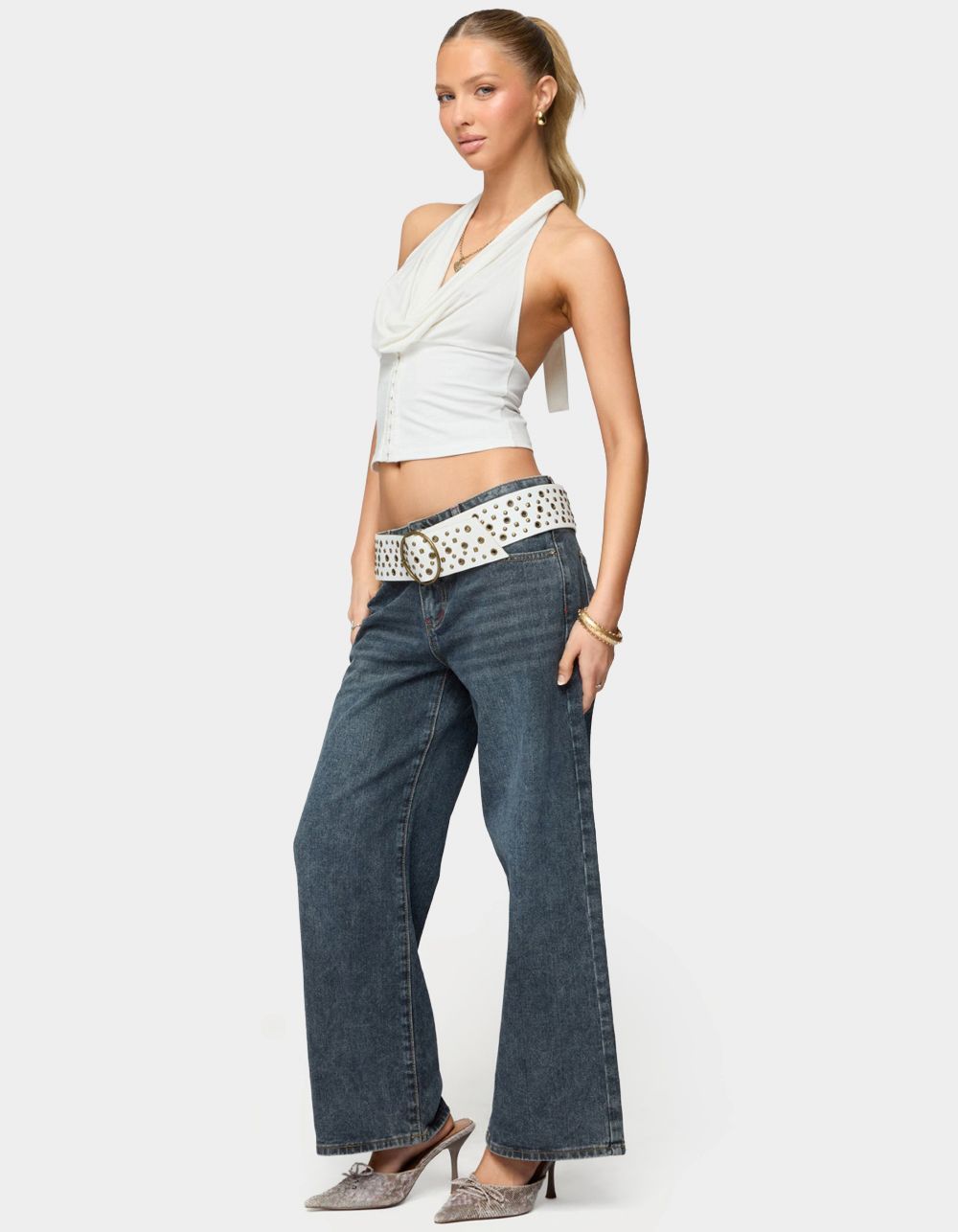 EDIKTED Hook & Eye Cowl Neck Halter Top - WHITE