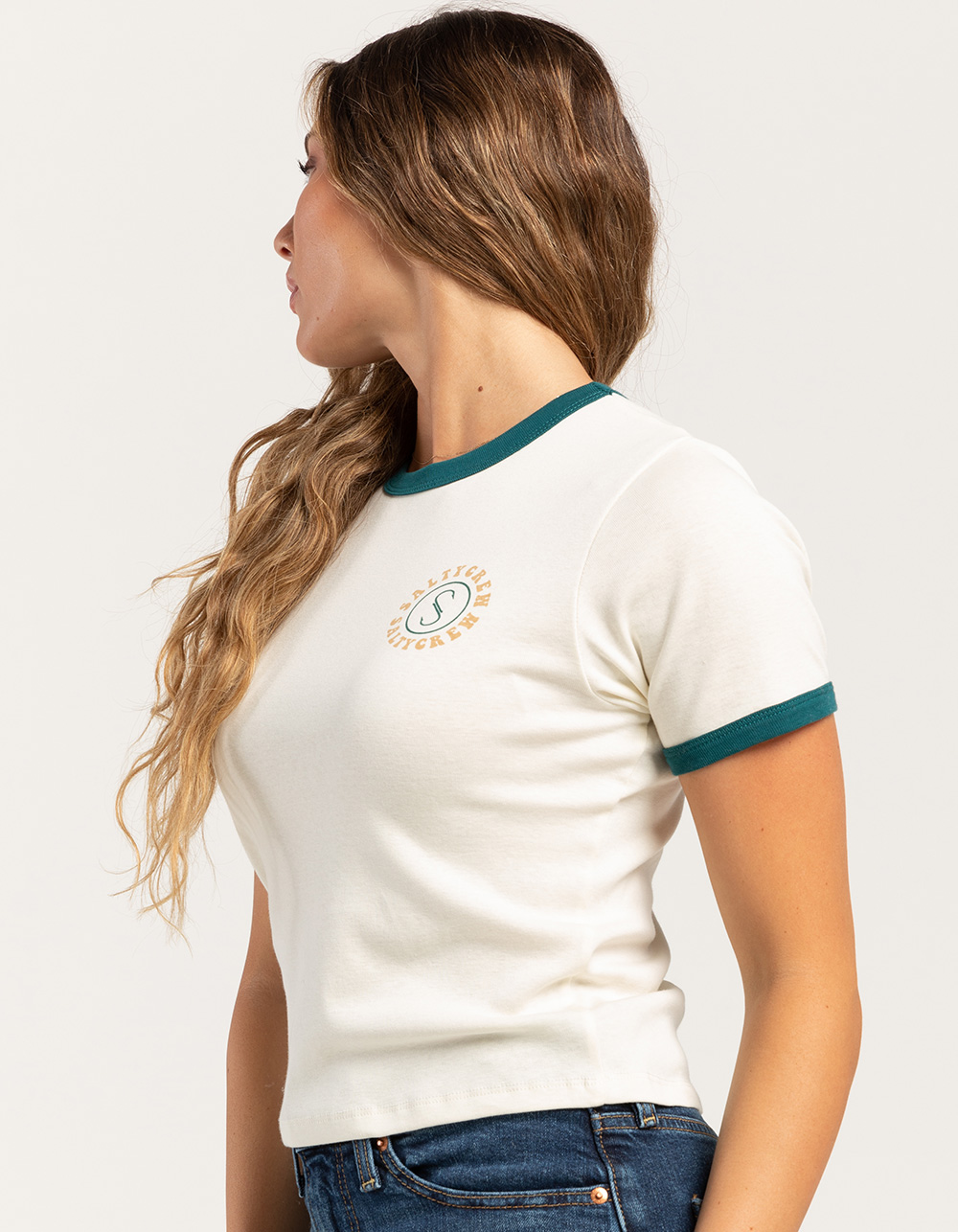 SALTY CREW Flower Power Womens Fitted Ringer Baby Tee - OFF WHITE