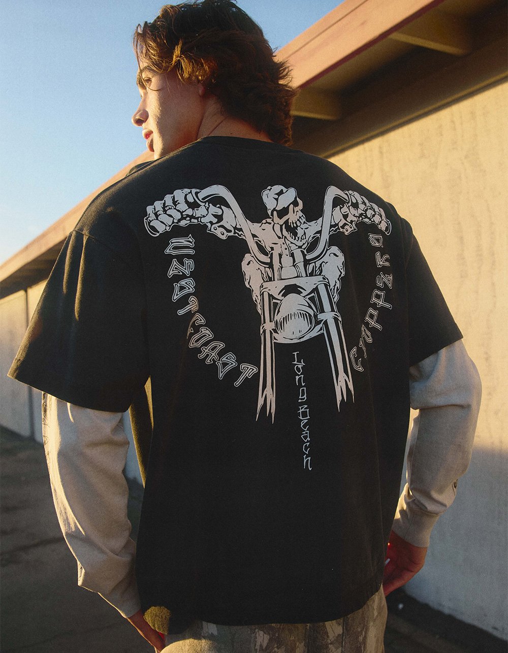WEST COAST CHOPPERS Skeleton Moto Mens Long Sleeve 2fer Tee - WASHED BLACK