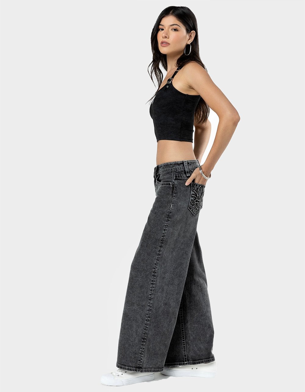 MISS ME Fleur Womens Mid Rise Wide Leg Jeans - WASHED BLACK