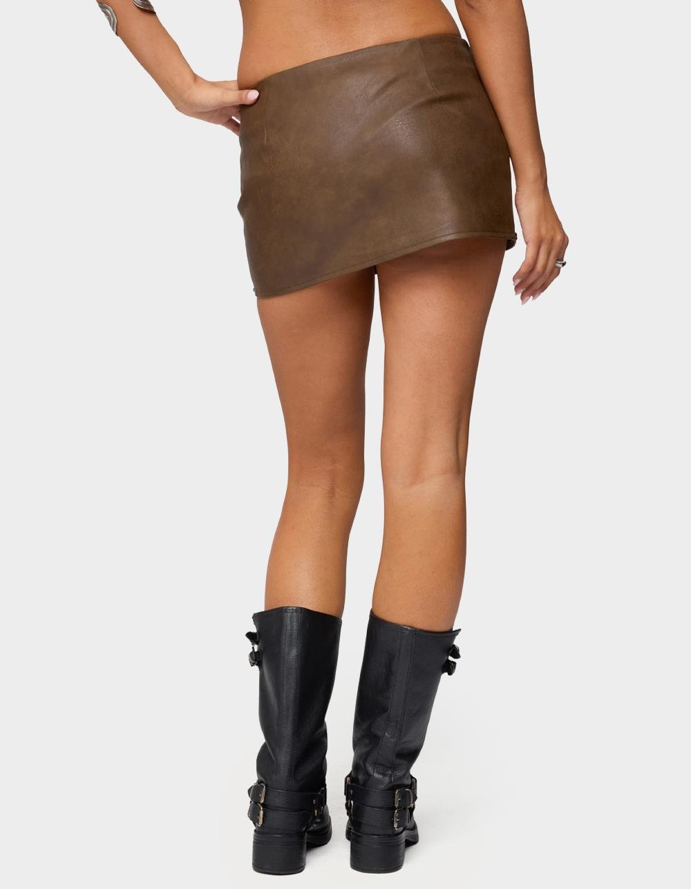 EDIKTED Studded Belt Faux Leather Mini Skort - BROWN