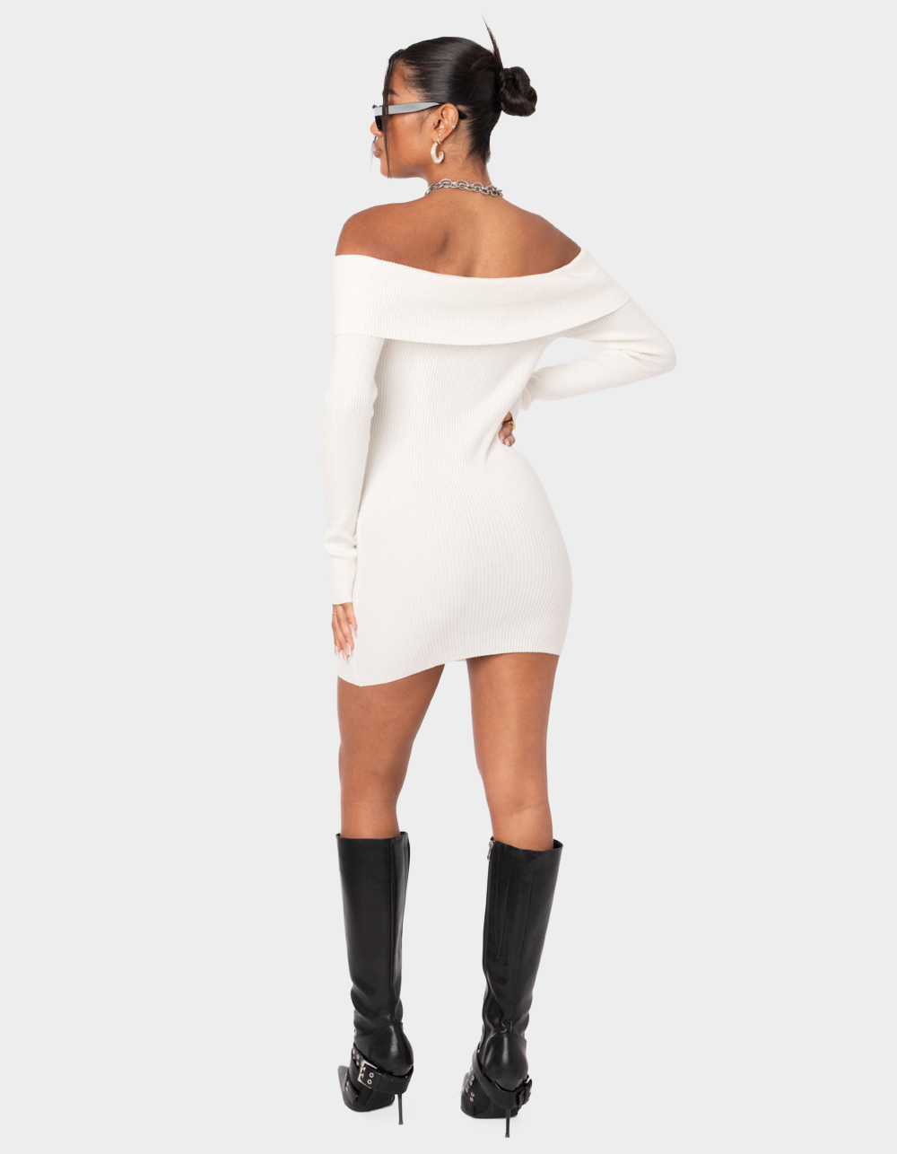 EDIKTED Emma Foldover Knitted Dress - WHITE