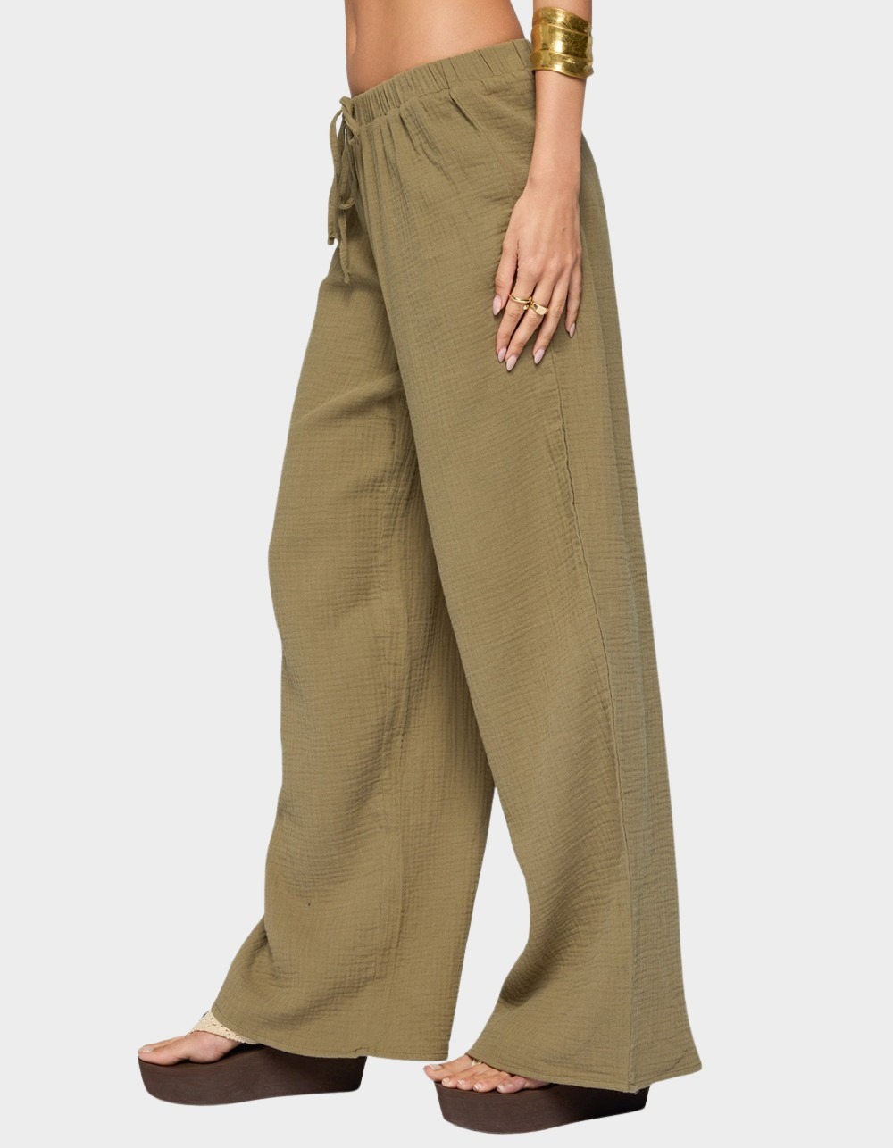 EDIKTED Viktoria Wide Leg Gauze Pants - DK GREEN