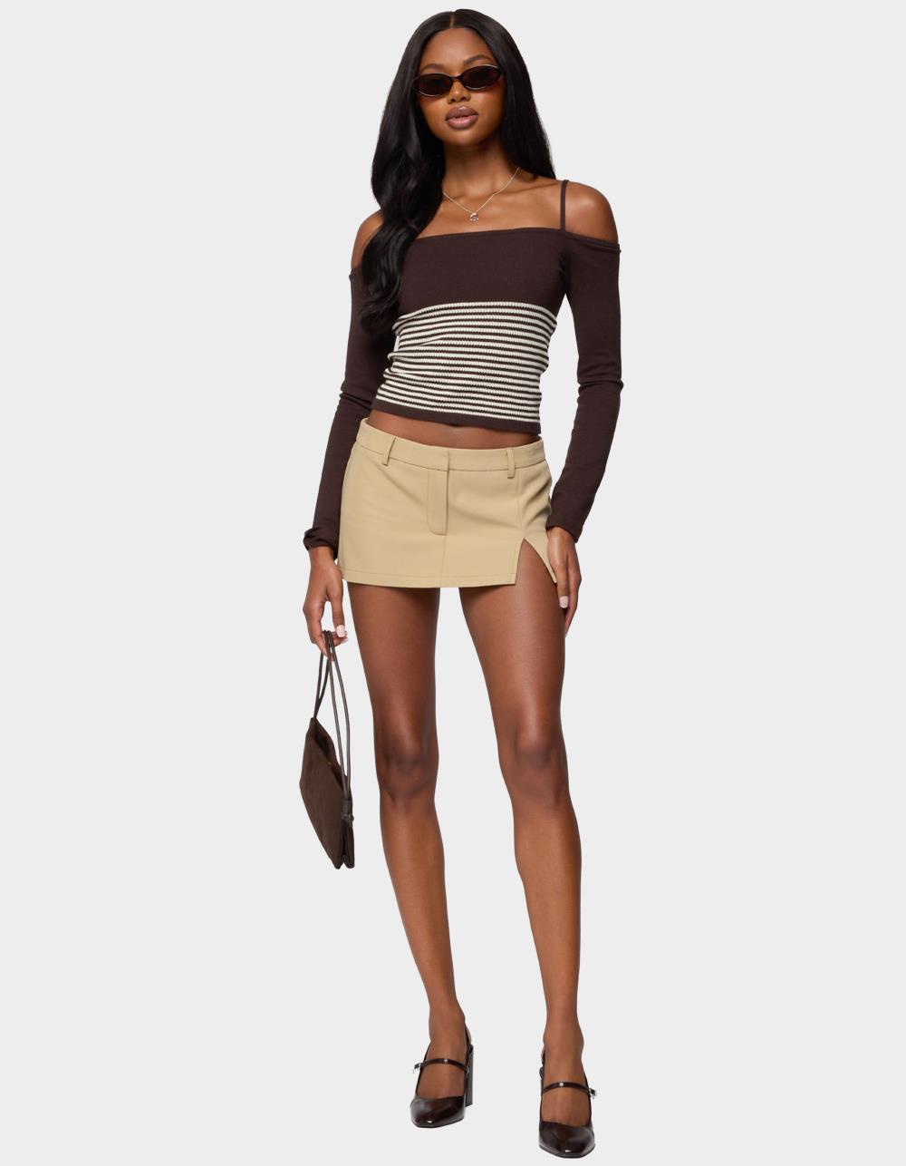 EDIKTED Darya Striped Off Shoulder Knit Top - BROWN