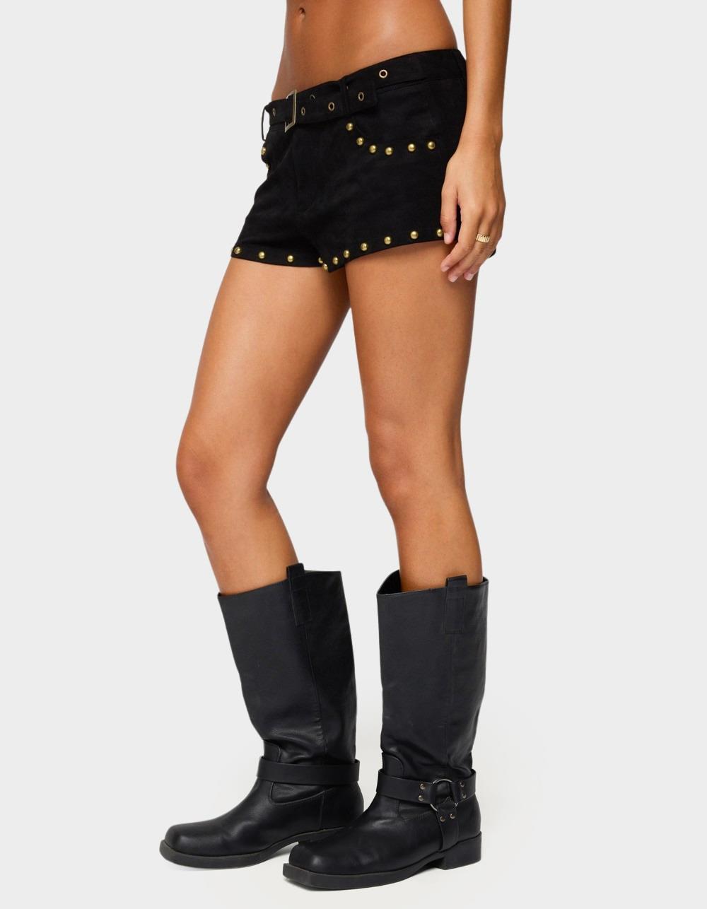 EDIKTED Studded Faux Suede Micro Shorts - BLACK
