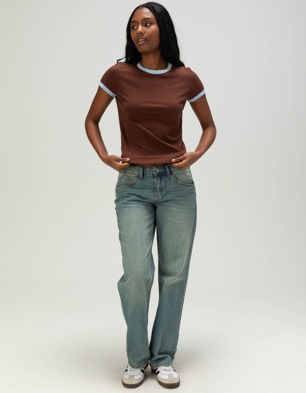 TILLYS Womens Solid Ringer Tee - BROWN COMBO