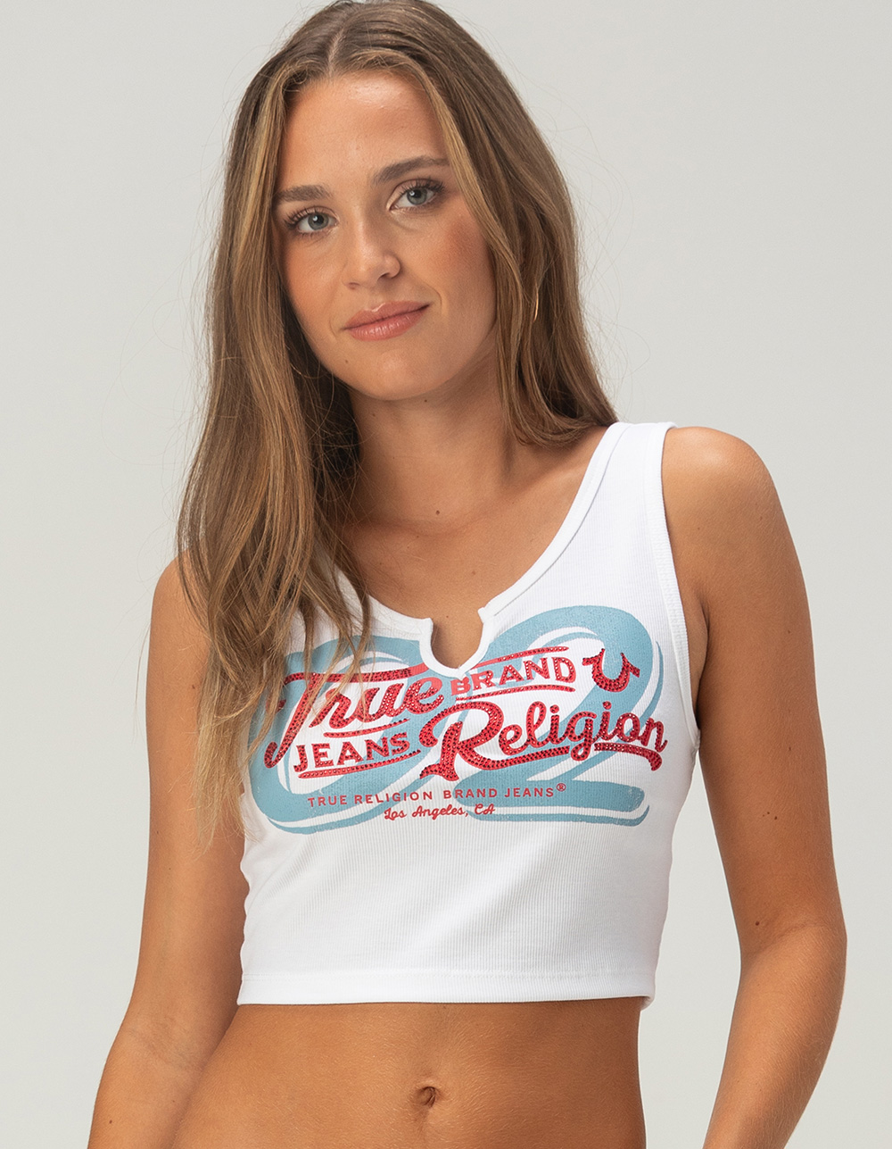TRUE RELIGION Ribbed Notch Womens Tank Top - WHITE