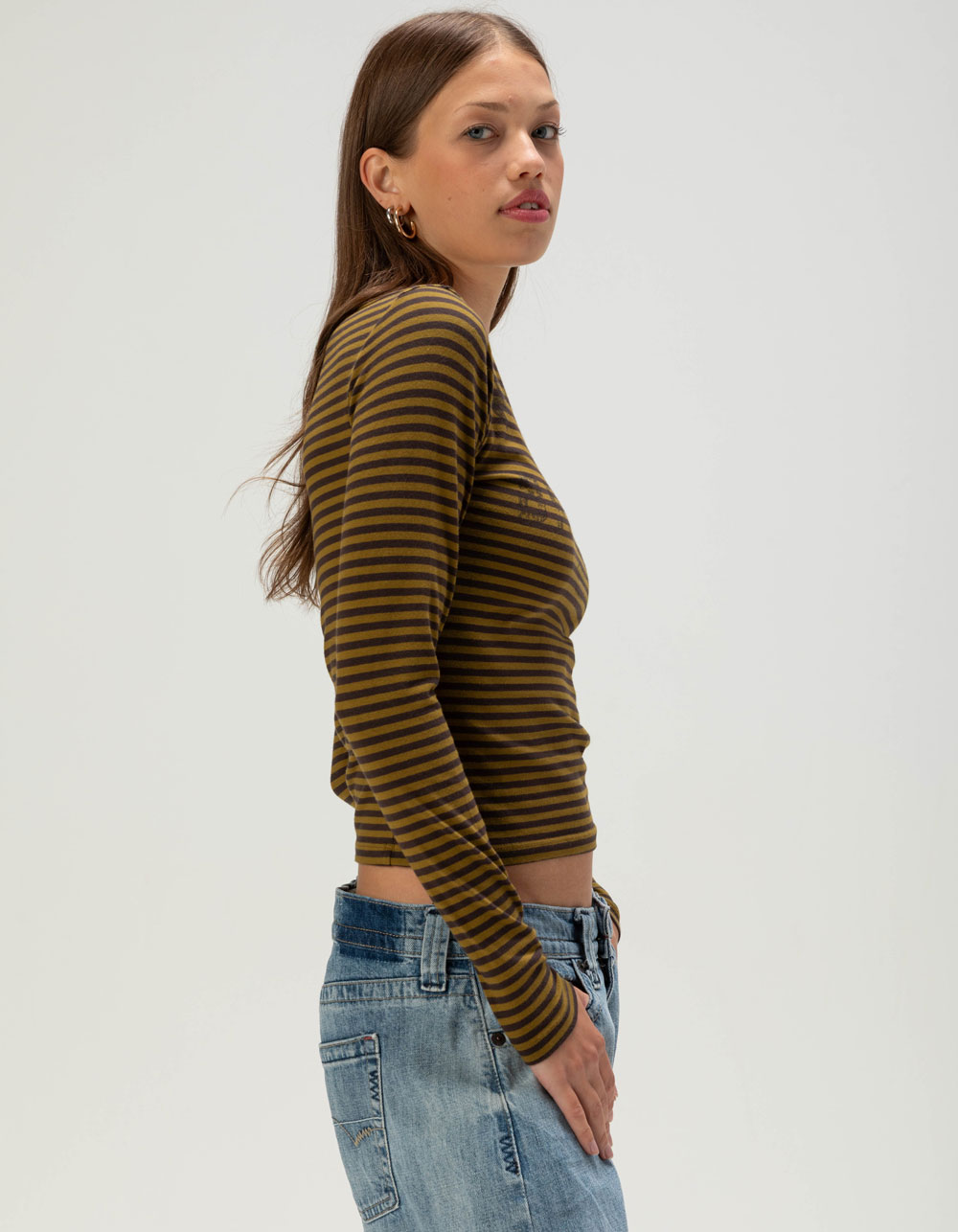 BDG Urban Outfitters Stripe Womens Slash Neck Long Sleeve Tee - GREEN COMBO