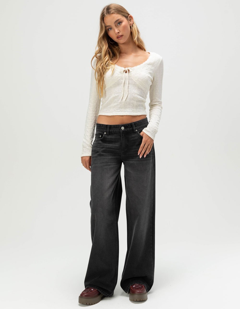 RSQ Womens Texture Long Sleeve Top - CREAM