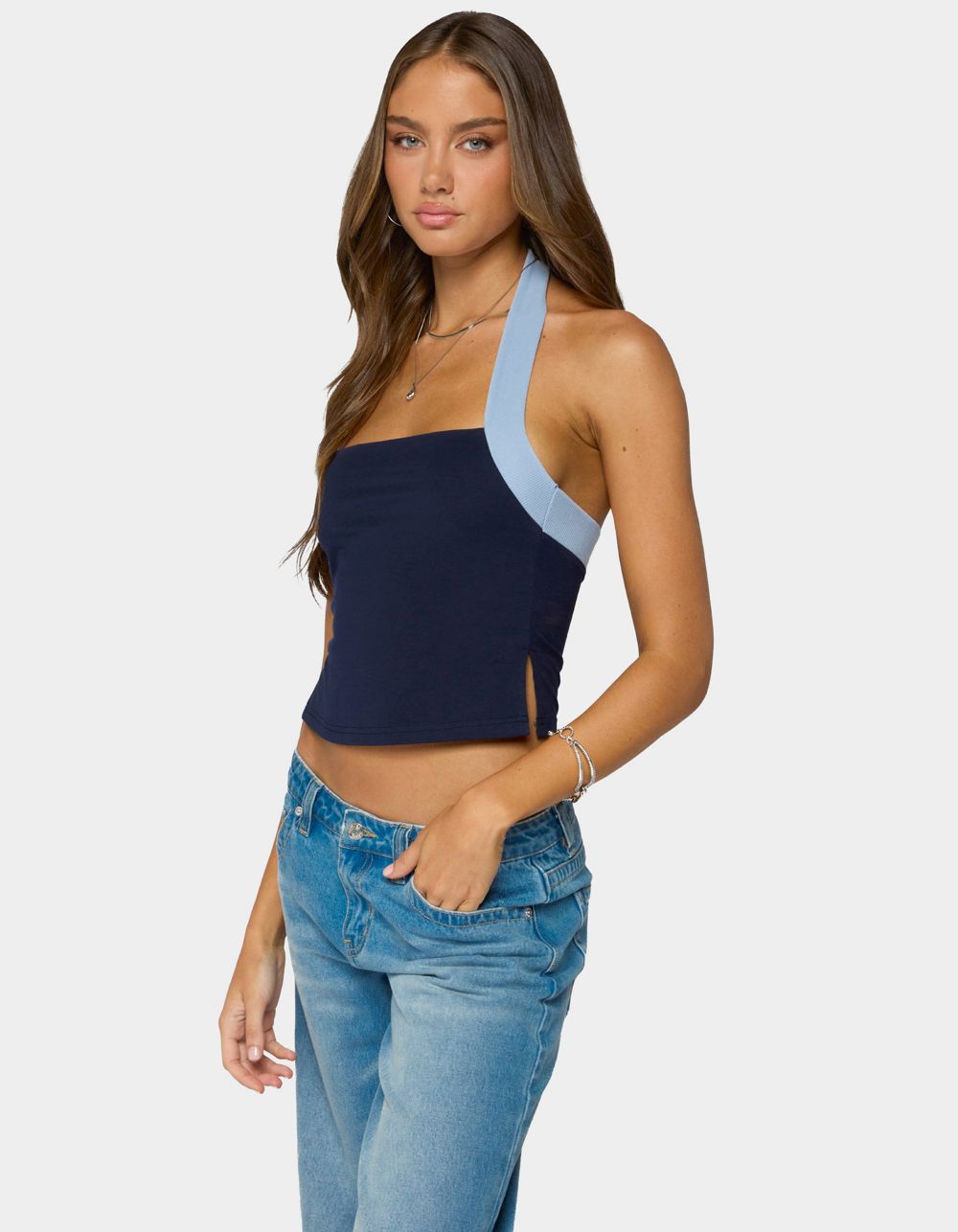 EDIKTED Tanna Contrast Halter Top - NAVY