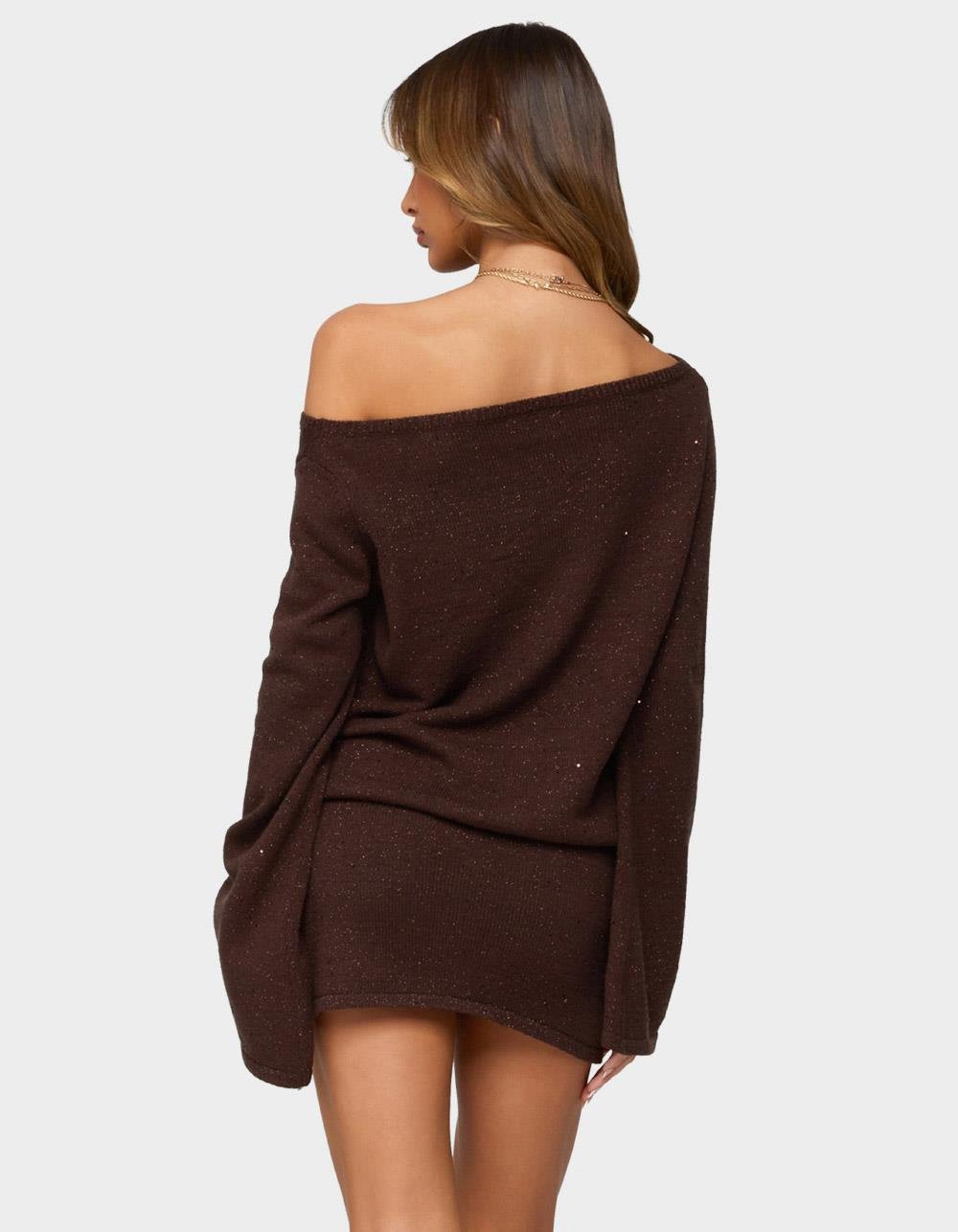 EDIKTED Off Shoulder Sequin Knit Mini Dress - BROWN