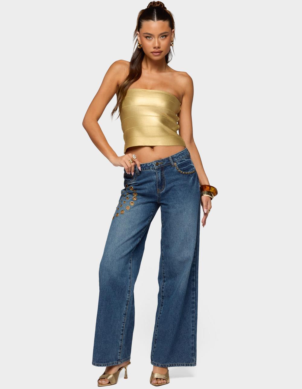 EDIKTED Monika Stud & Grommet Low Rise Baggy Jeans - LIGHT BLUE