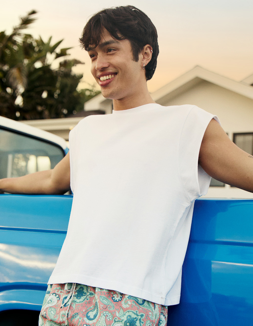 RSQ Mens Washed Cropped Muscle Tee - WHITE
