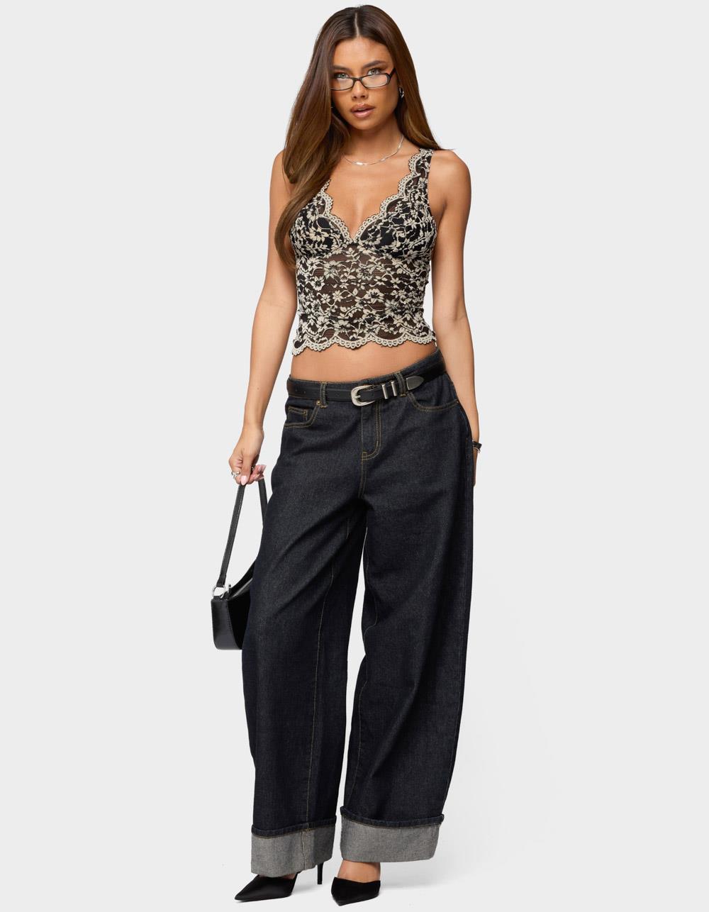 EDIKTED Araura Velvet Floral Sheer Top - BLACK