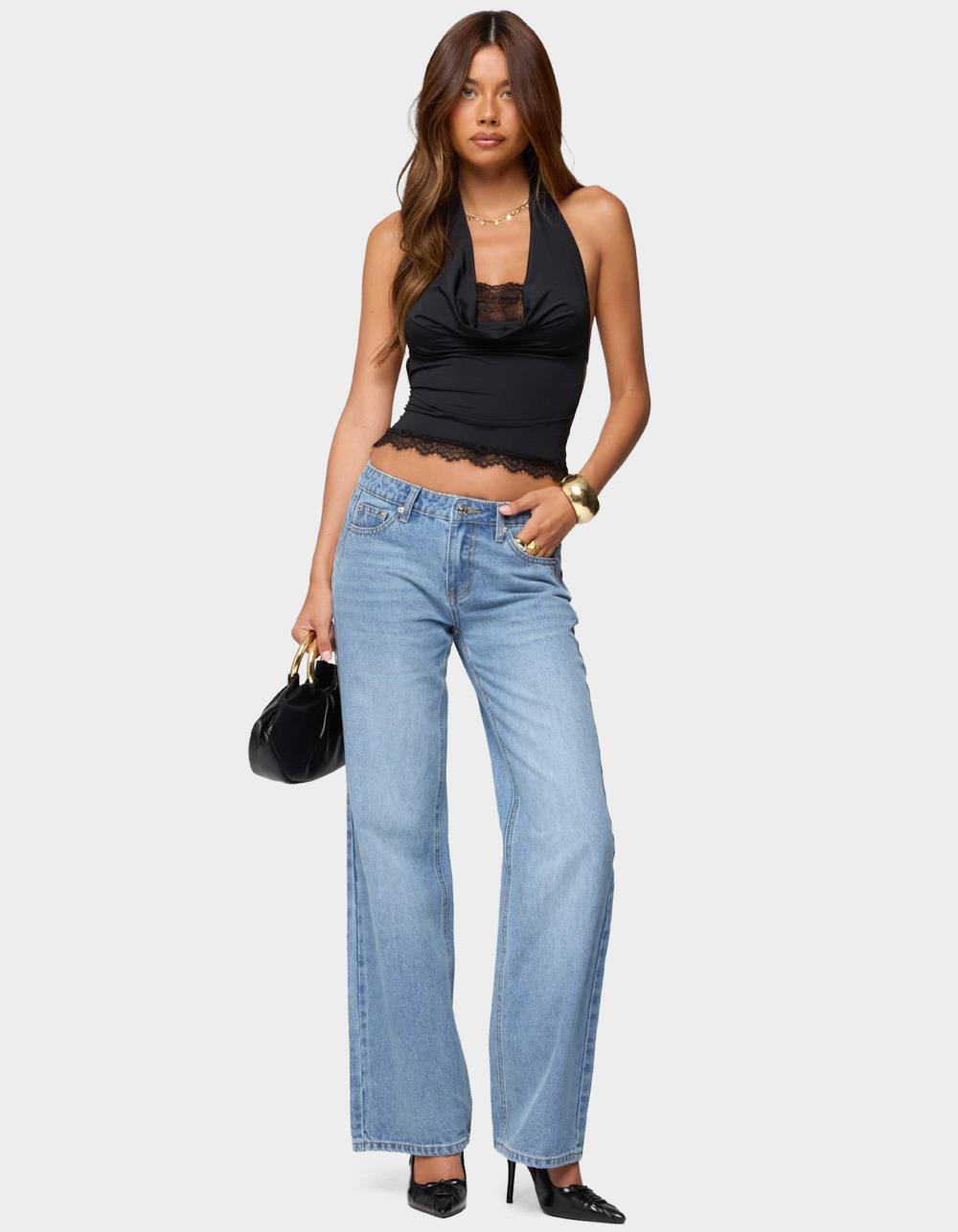EDIKTED Layered Lacey Cowl Neck Halter Top - BLACK