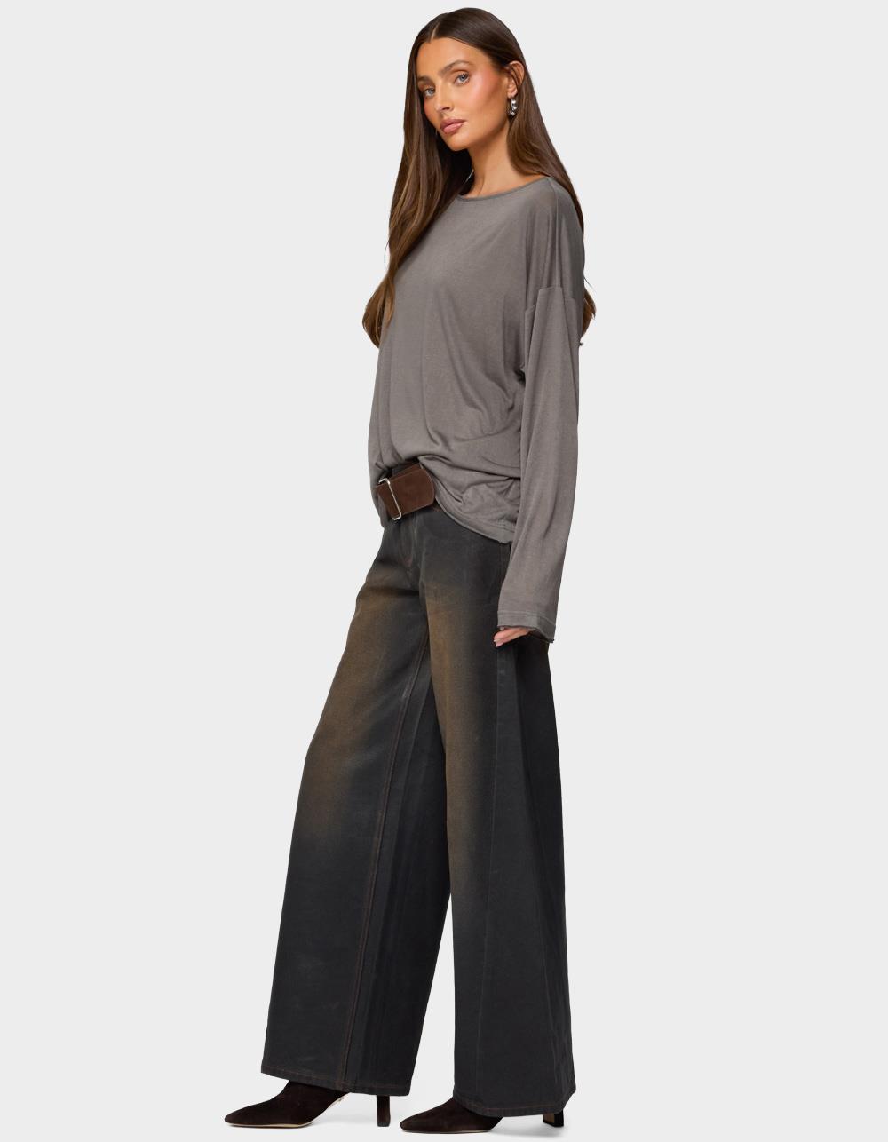 EDIKTED Oversized Semi Sheer Long Sleeve Tee - GRAY