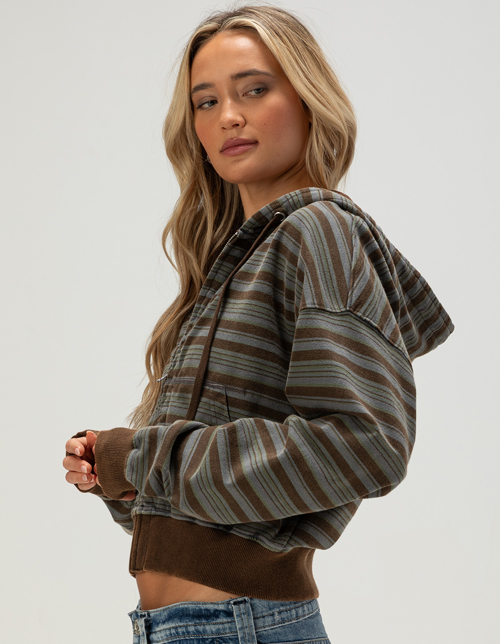 BDG Urban Outfitters Easy Womens Stripe Zip-Up Hoodie - BROWN COMBO