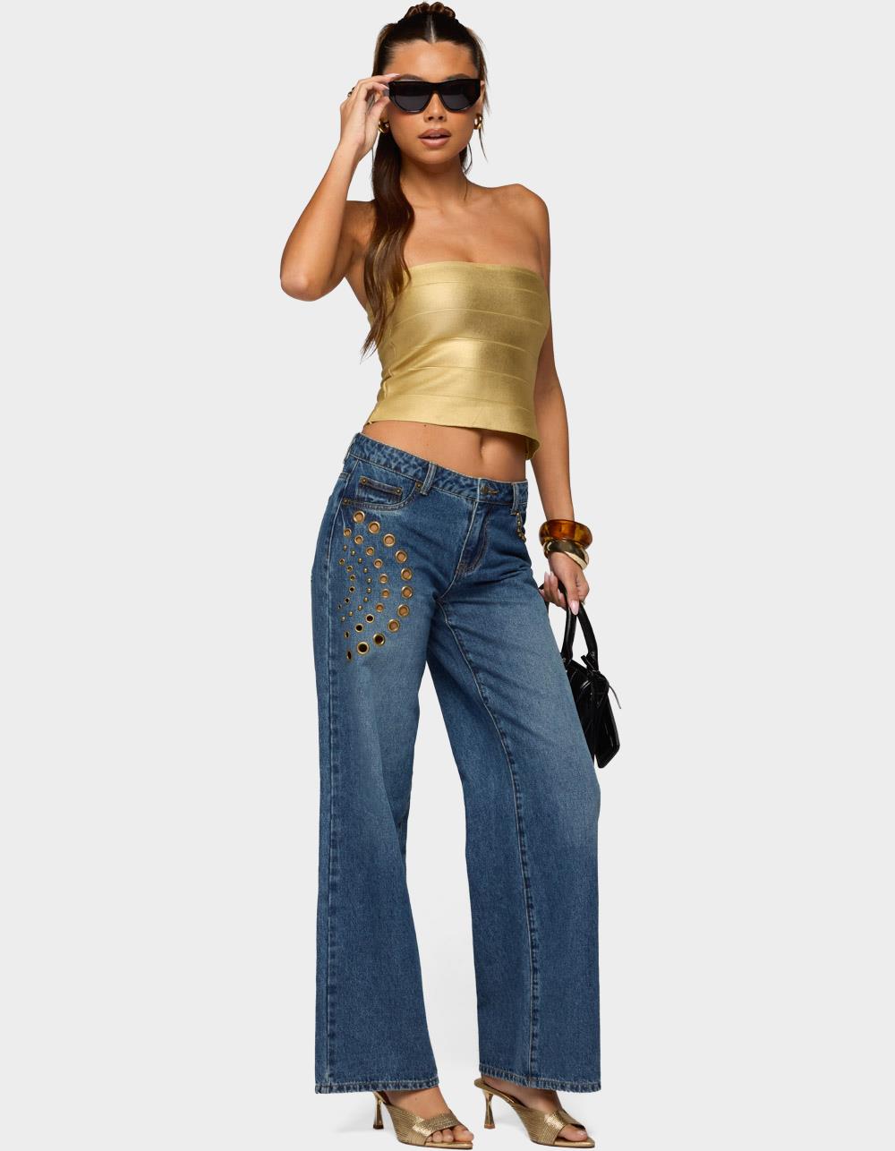 EDIKTED Monika Stud & Grommet Low Rise Baggy Jeans - LIGHT BLUE