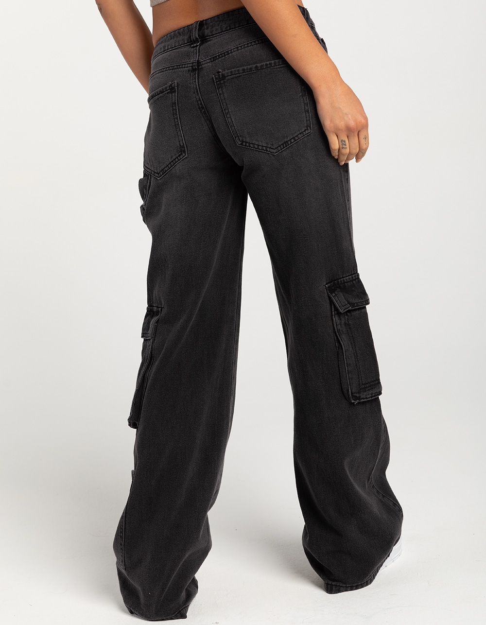 GEMMA RAE Low Rise Wide Leg Womens Cargo Pants - BLACK DENIM | Tillys