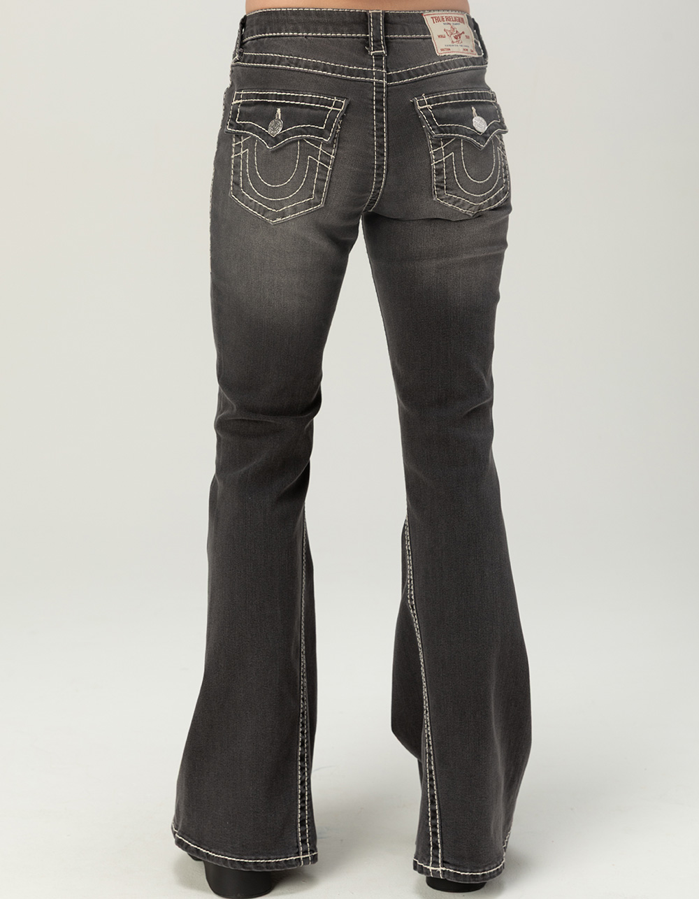 TRUE RELIGION Twisted Mid Rise Big T Womens Ultra Flare Jeans - BLACK DENIM