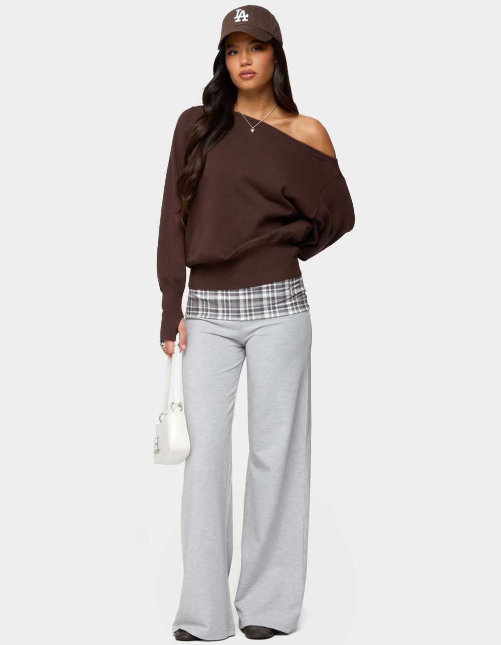 EDIKTED Kimmy Plaid Foldover Waist Pants - GRAY