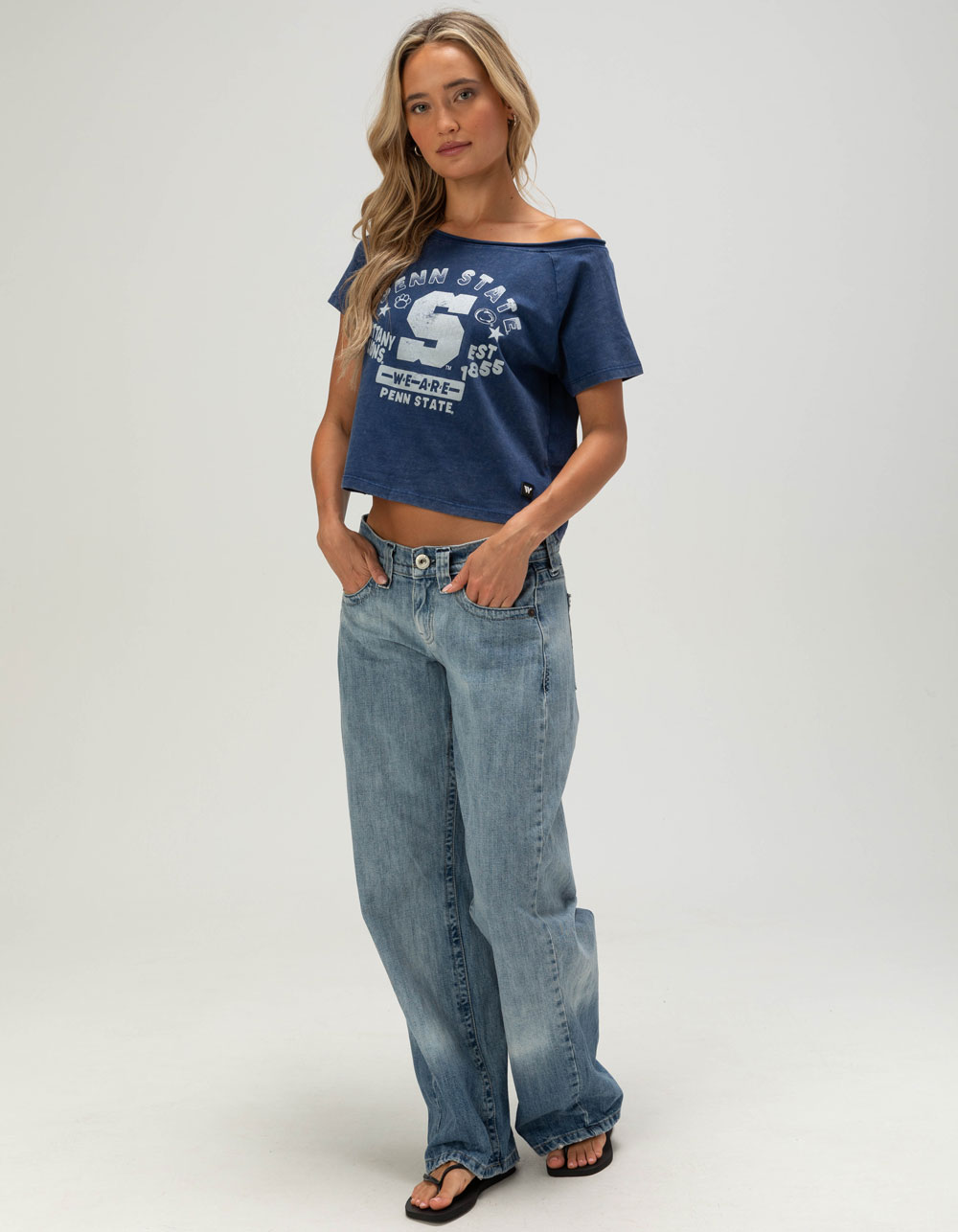 The WILD COLLECTIVE Penn State Womens Off Shoulder Tee - NAVY