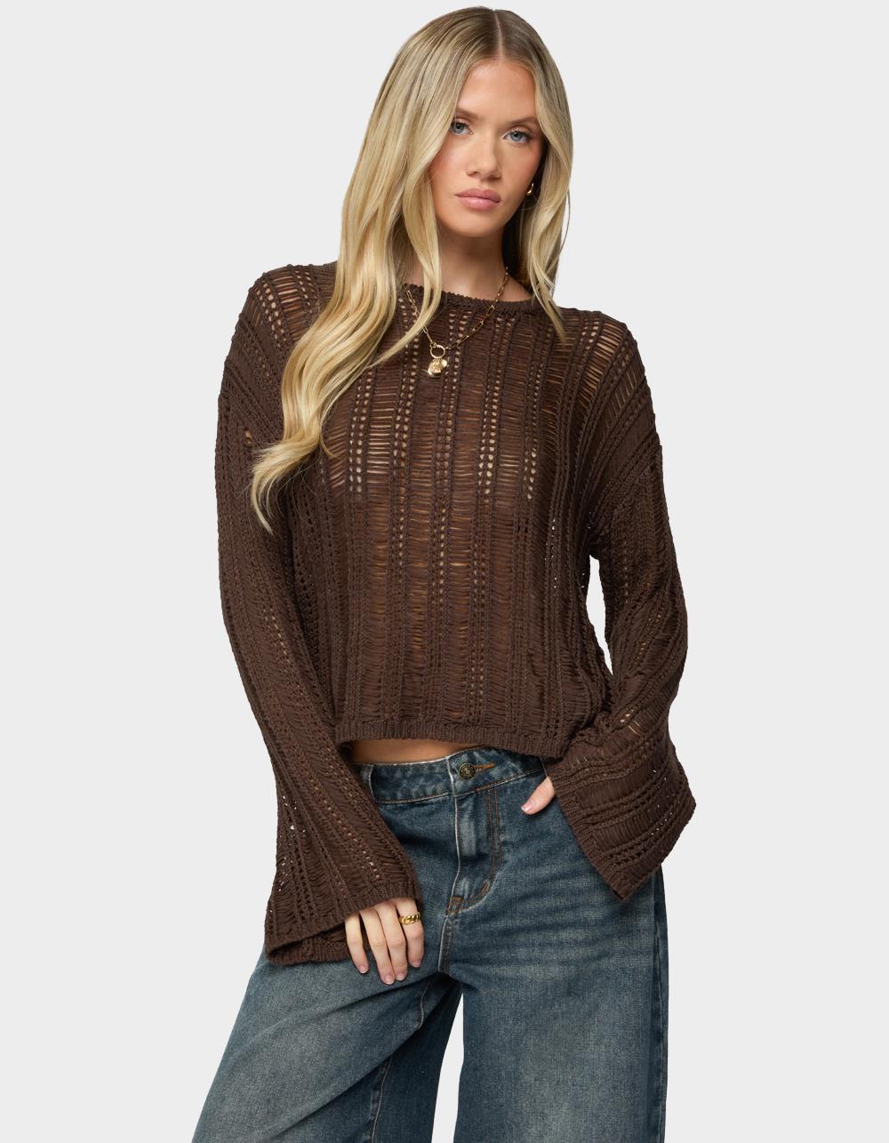 EDIKTED Jaide Sheer Ladder Knit Sweater - BROWN