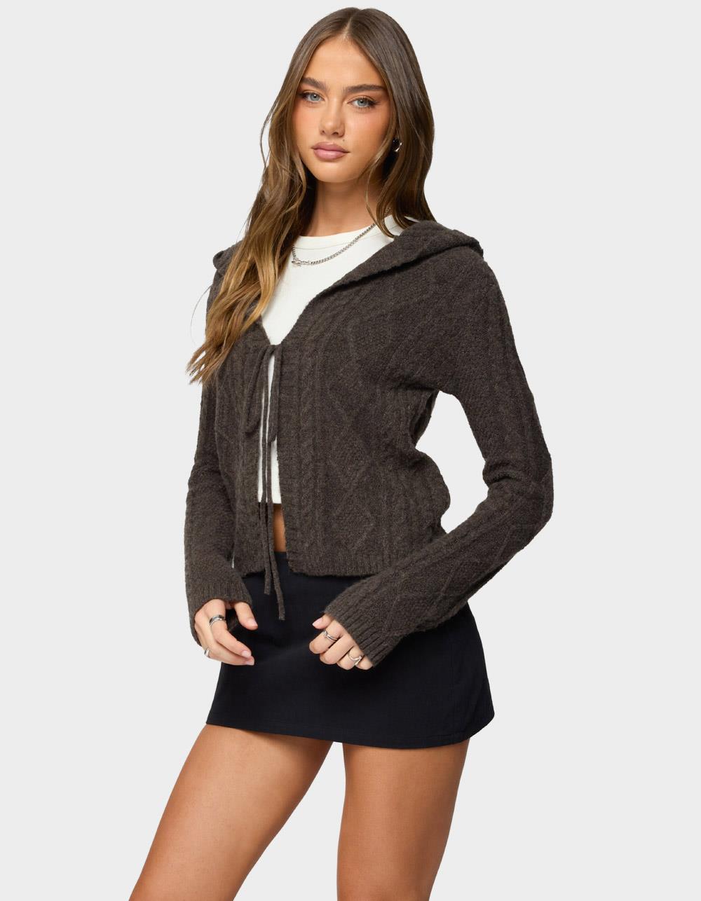 EDIKTED Jayla Hooded Cable Knit Cardigan - BROWN