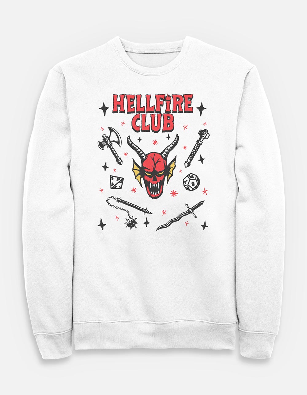 STRANGER THINGS Hellfire Club Weapons Unisex Crewneck Sweatshirt - WHITE