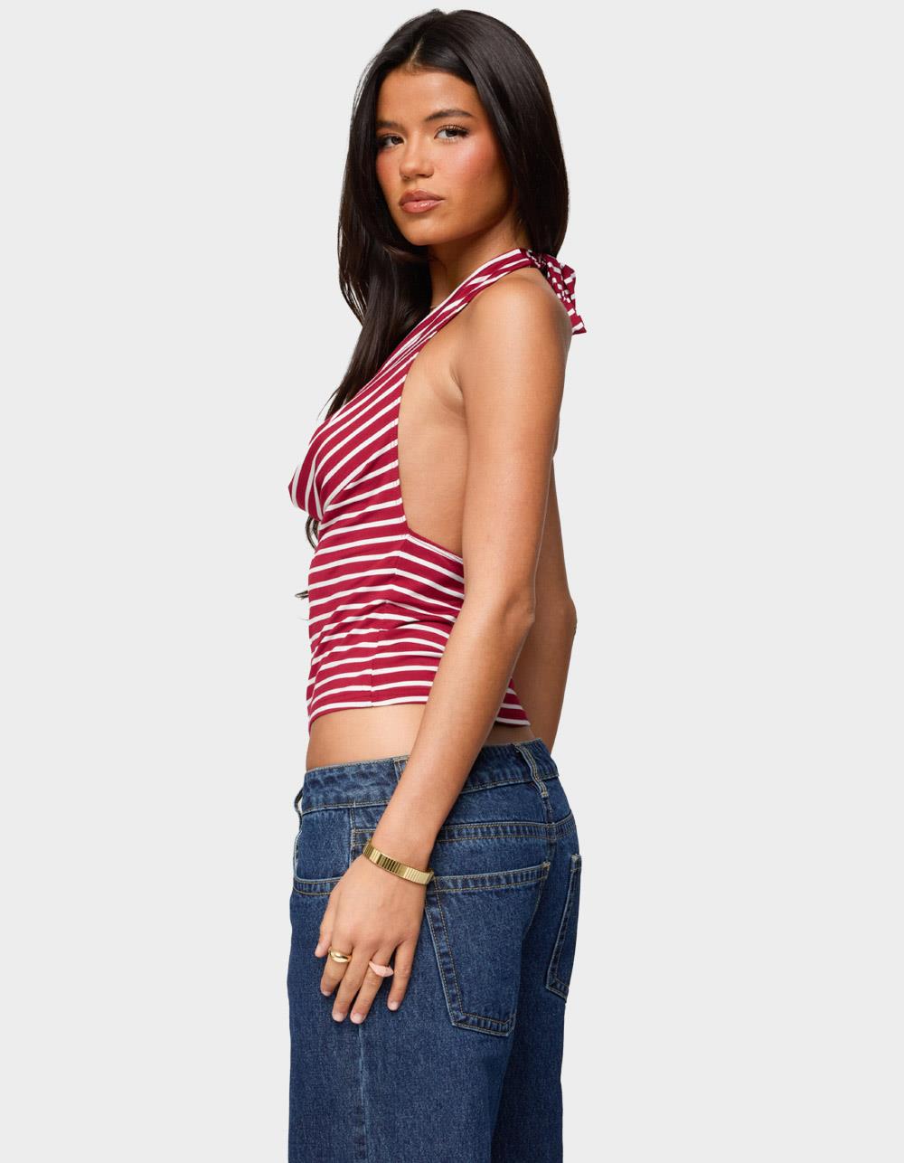 EDIKTED Striped Cowl Neck Halter Top - RED