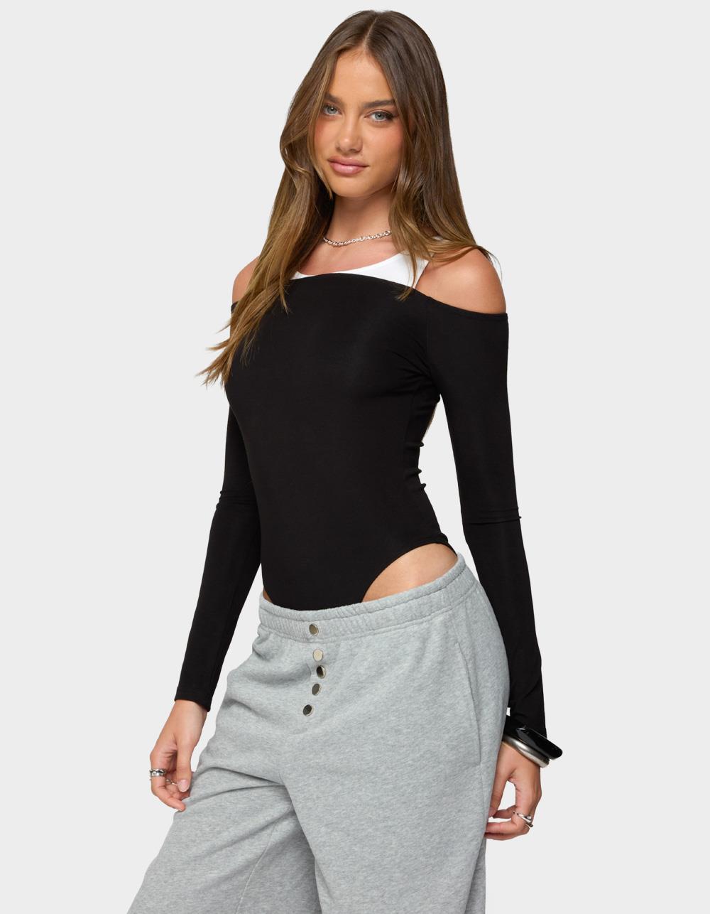 EDIKTED Layered Ribbed Off Shoulder Bodysuit - BLACK