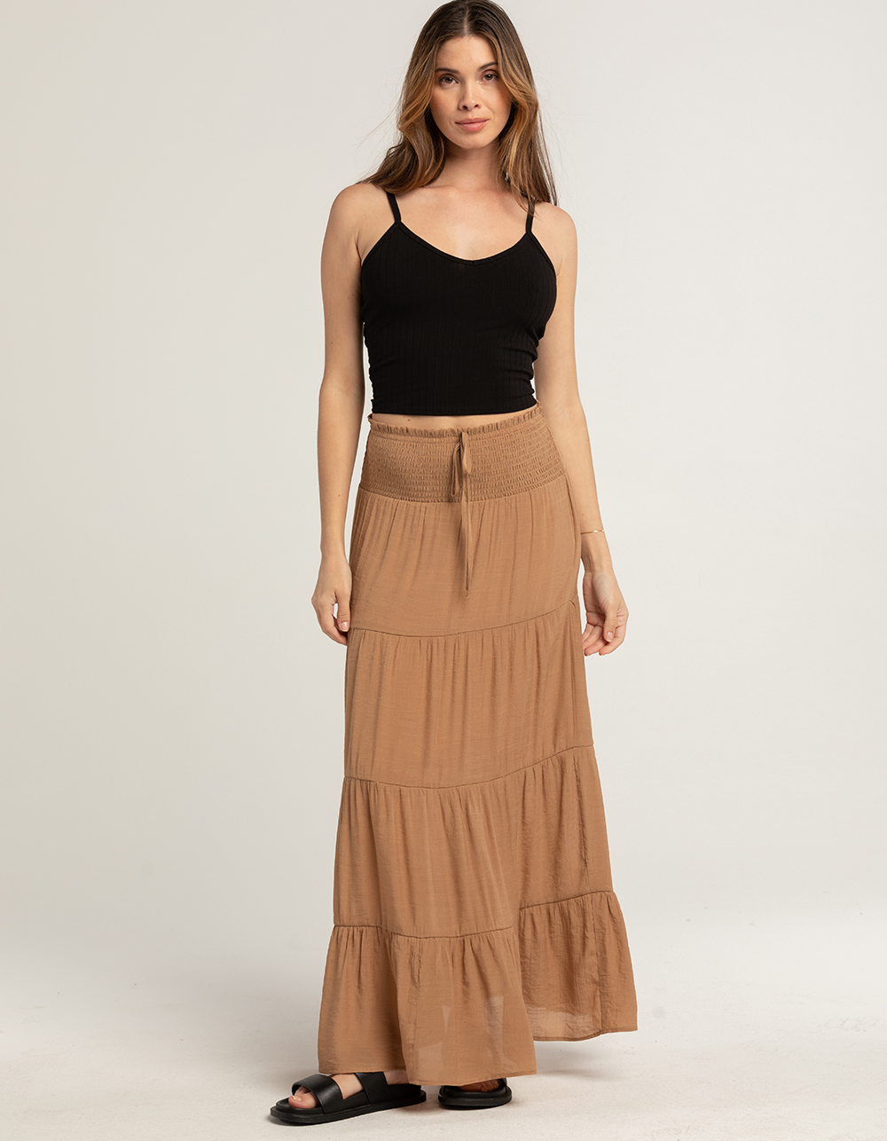 LOVE TREE Womens Tiered Maxi Skirt CAMEL Tillys