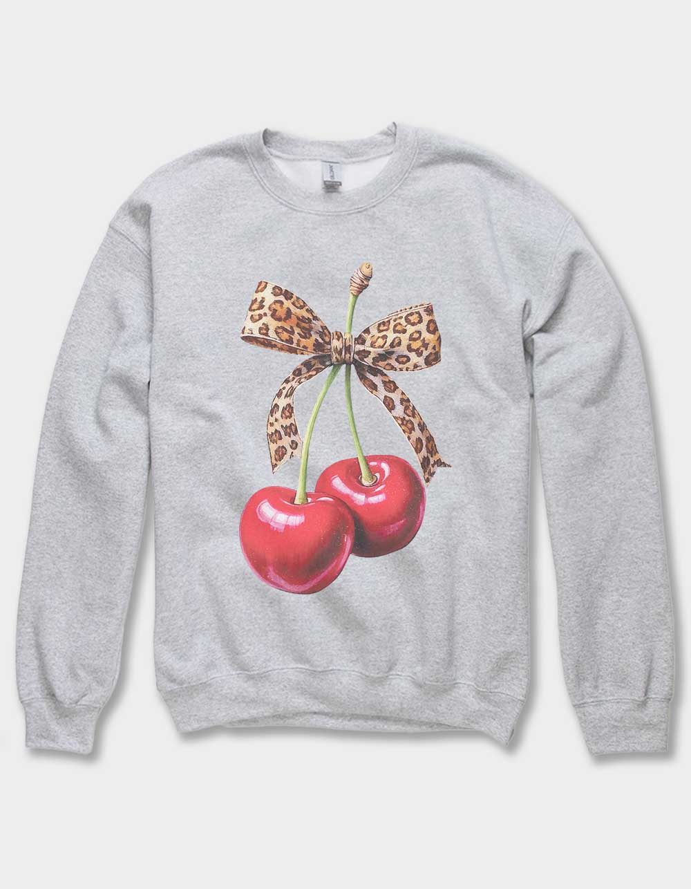 CHERRIES Leopard Bow Unisex Crewneck Sweatshirt - HEATHER GRAY